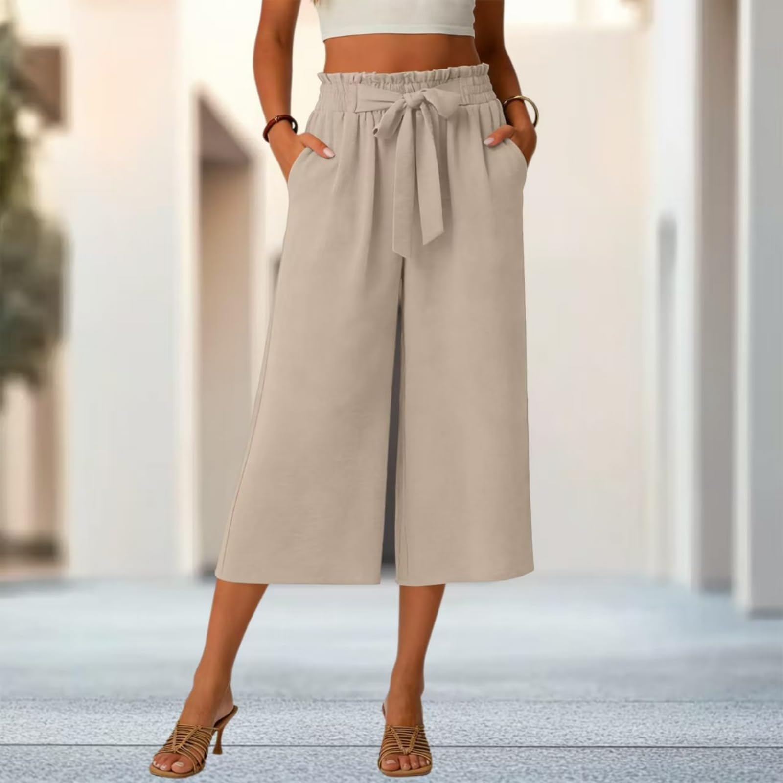 Pantalon 3/4 Femme Été Vetement Solde Taille Haute Chic et Elegant | Décontracté Pantacourt Élastiqué Coupe Ample Fluide et Légère Corsaire