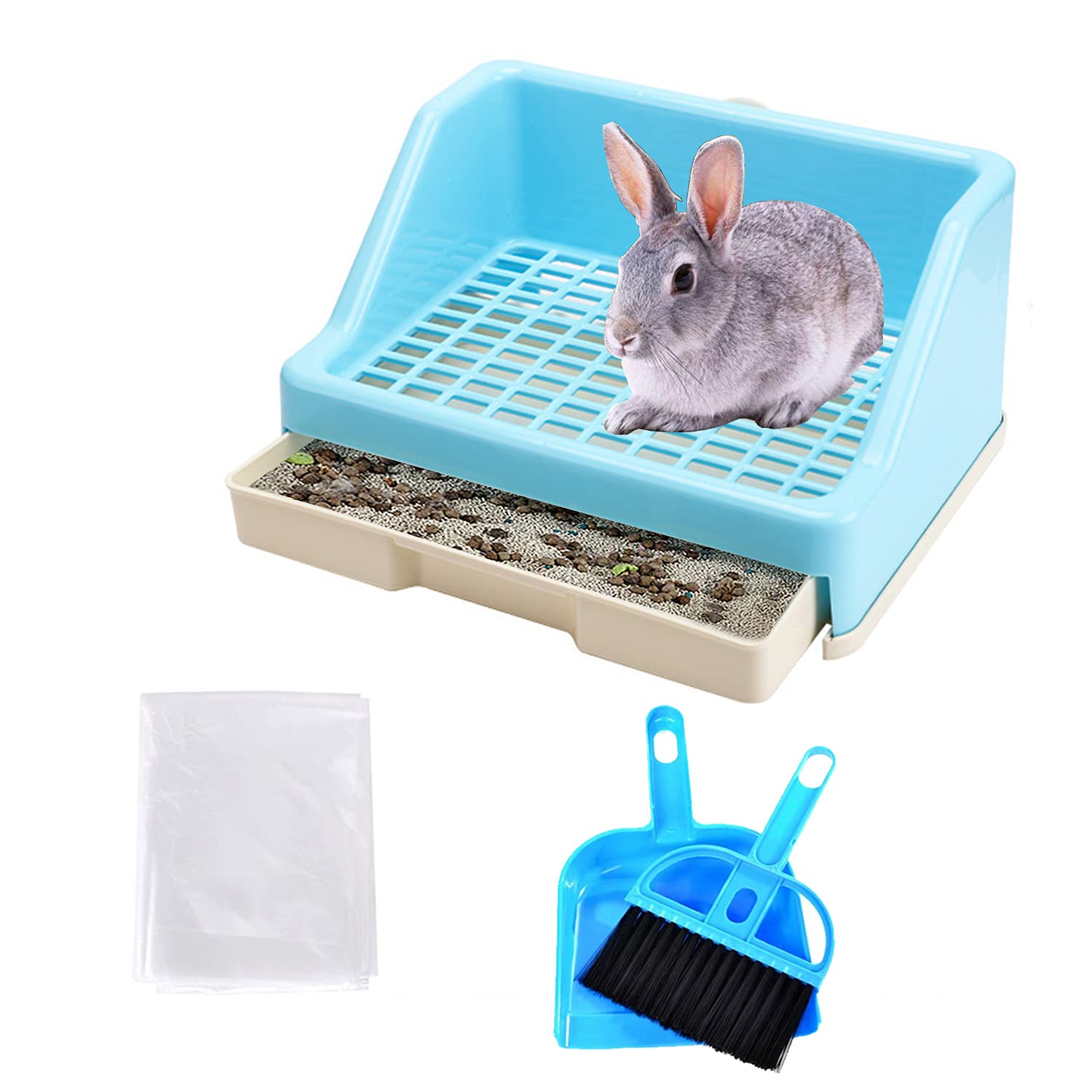 HERCOCCILarge Rabbit Litter Box with Drawer, Bunny Toilet Cage Corner Potty with 50 Pcs Urinal Pads and Cleaning Set for Guinea Pig Chinchilla Ferret Hedgehog Small Animals (White)