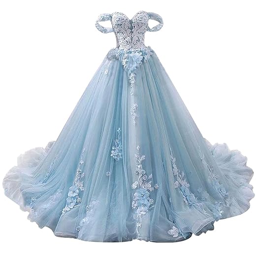 Ball Gown Tulle Off-The-Shoulder Sleeveless Applique Sweep/Brush Train Quinceanera Dresses Sky Blue