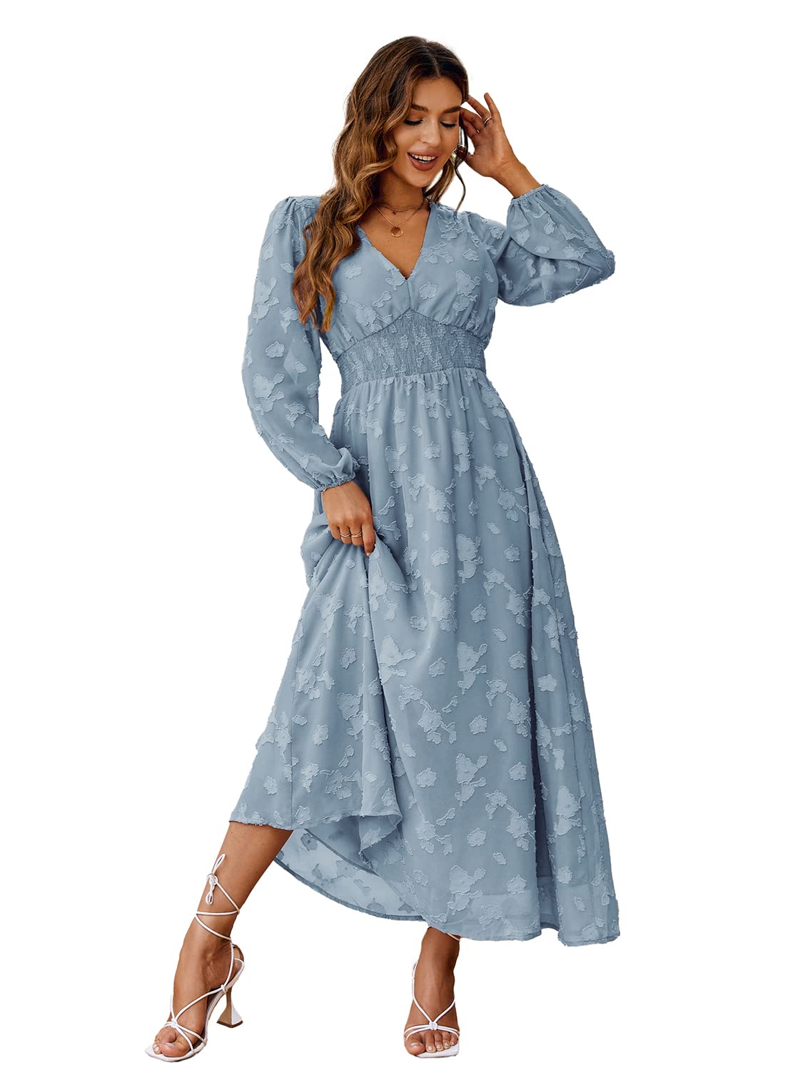 Simplee Women's Long Sleeve Maxi Dress Burnout Floral V Neck Formal Dress(XL Blue)