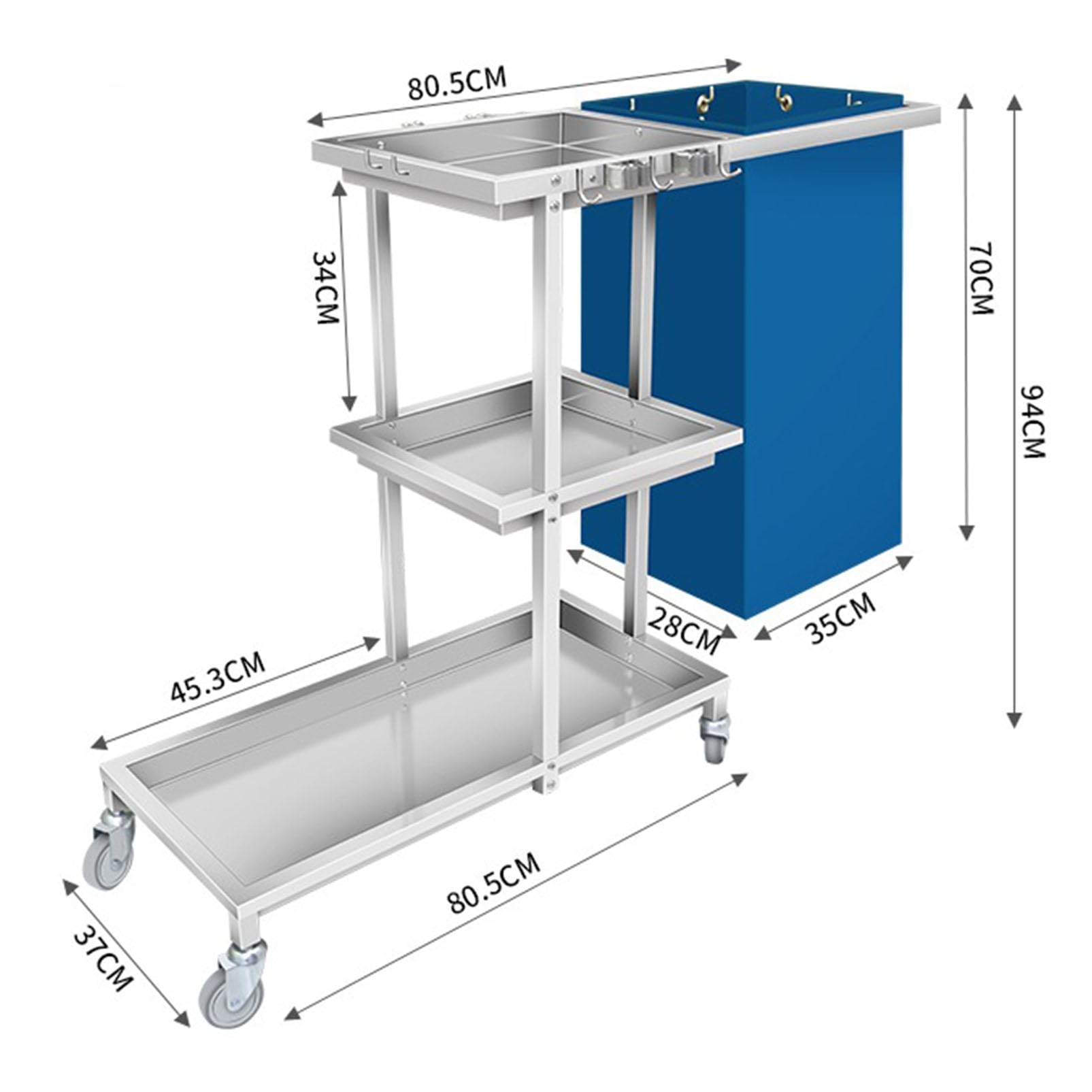 Carrello per pulizie commerciale, carrello resistente in acciaio inox con spazio per riporre oggetti, ideale per hotel, supermercati e uffici