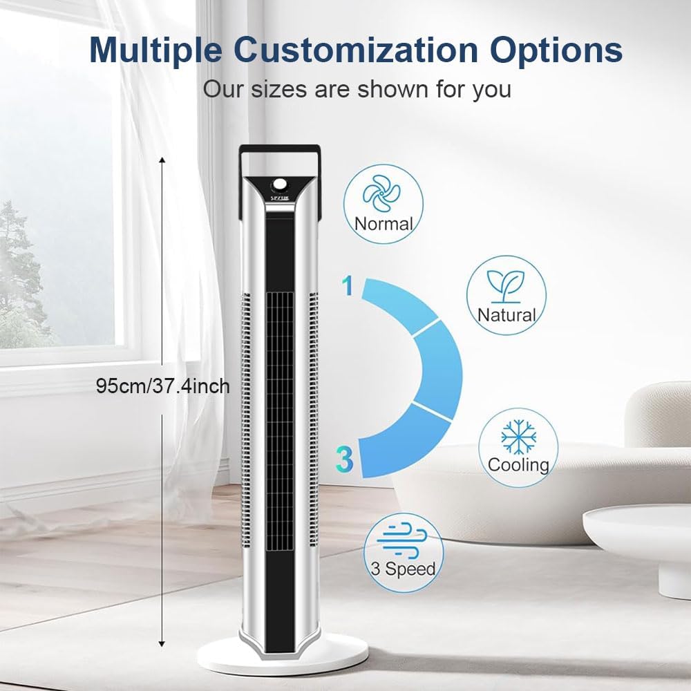 37.4" Tower Fan for Bedroom, 60° Oscillation, Compact and Slim Profile, Carry Handle, Ideal for Cooling your Home, Intuitive Mechanical Control