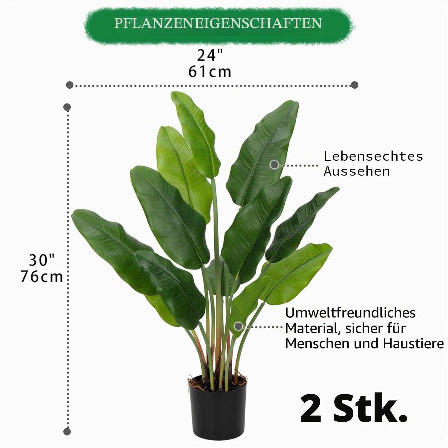 Hollyone 2 Stück Künstliche Pflanzen Paradiesvogel 76cm Groß Kunstpflanzen Wie Echt Plastik Grünflanze Tropischer mit Topf Künstlich Zimmerpflanze Palme Topfpflanze für Wohnzimmer Büro Deko