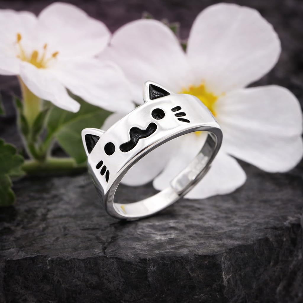 Clever Schmuck Bague en argent sterling 925, avec un motif de visage de chat amusant et en partie noir laqué, brillant, dimension universelle ajustable, pour enfants : filles, dans un étui rose