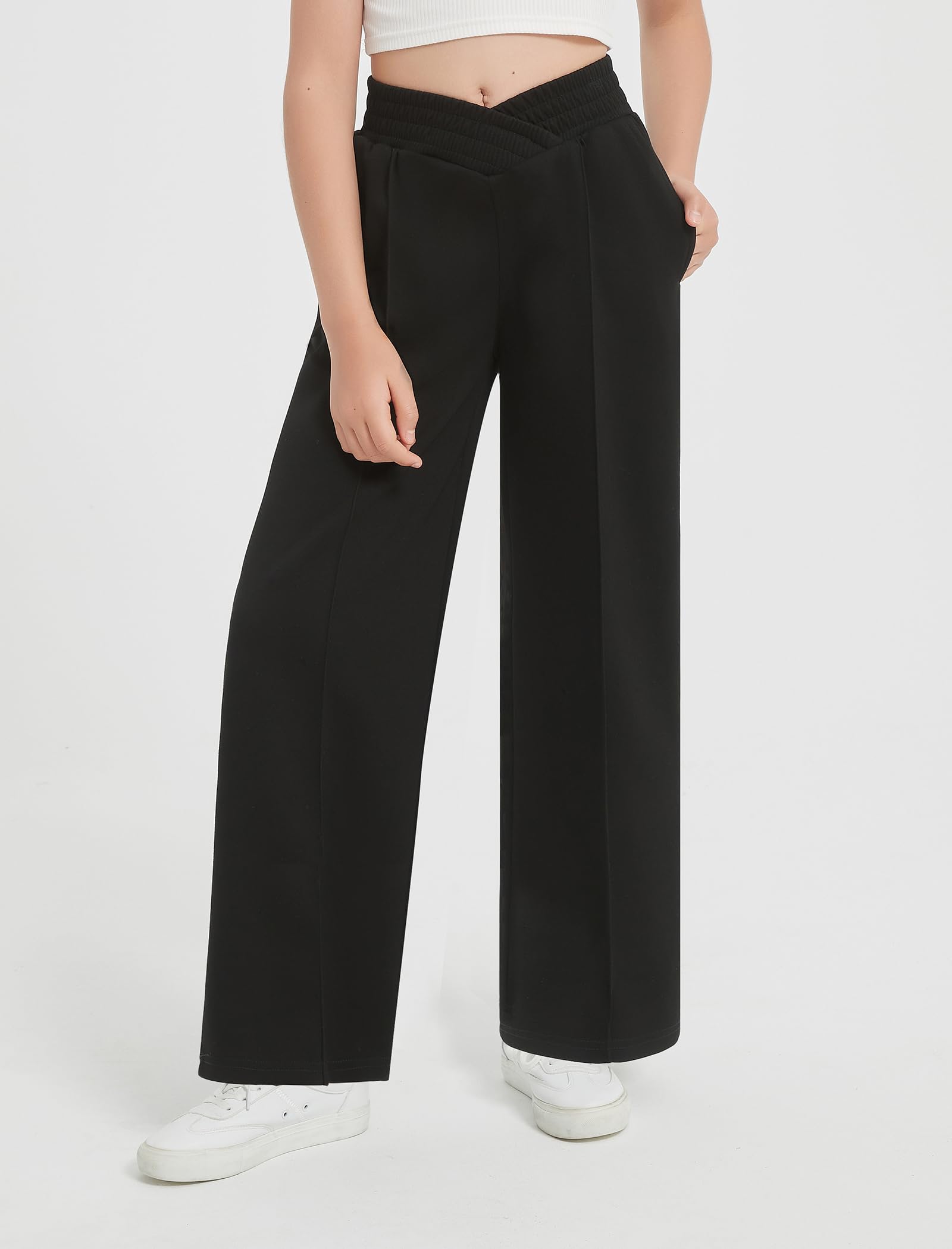 EXARUS Pantaloni della tuta per ragazze Pantaloni a gamba larga per adolescenti a strisce laterali/carico/crossover in vita sudorazione larghi tasche sportive casual 6-14 anni