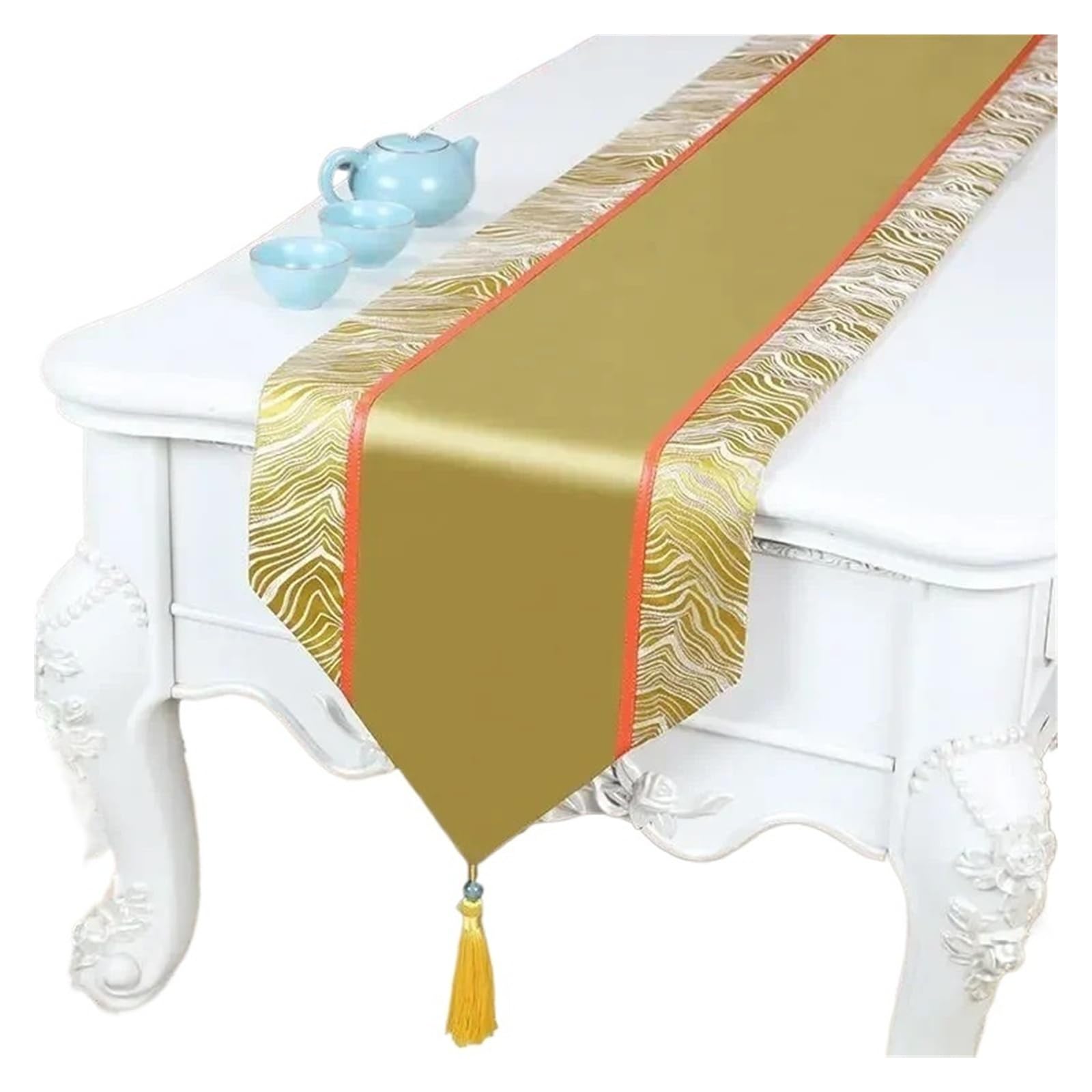Satin Table Runners Golden Wave Pattern Table Flag European Satin Tassel Coffee Long Towel Cabinet Wedding Celebration Decorative Tablecloth(Color5,33x300cm 1pcs)