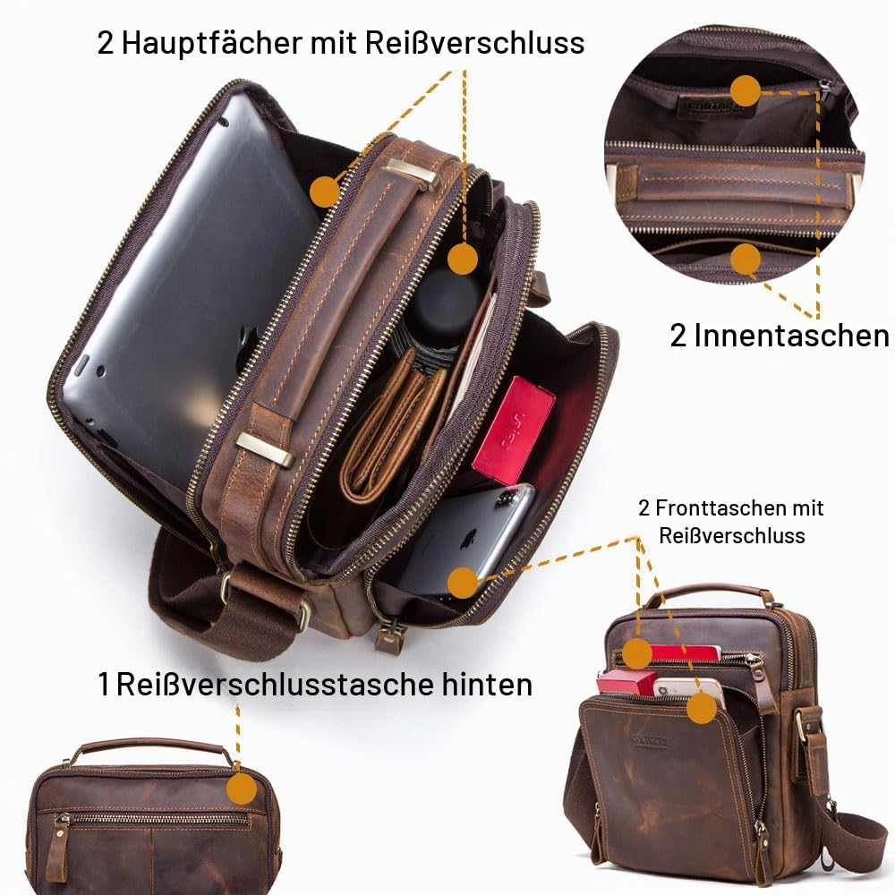 CONTACTS Men Small Leather Messenger Bag, Genuine Leather Crossbody Bag Shoulder iPad Bag Travel Handbag