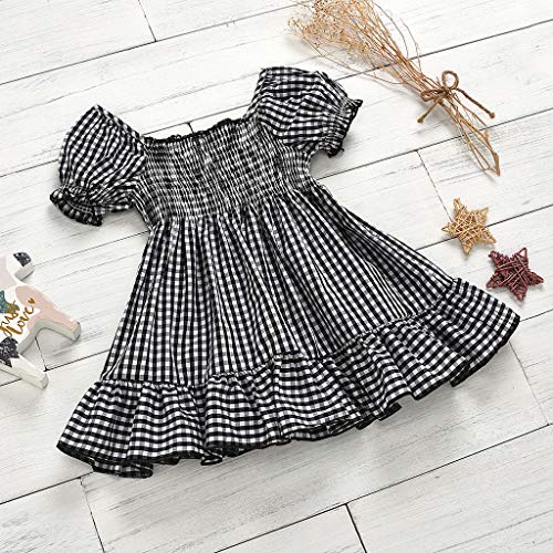 Kids Girls Fashion Dress Short Sleeve Fold Lattice Summer Dress Casual Black White Plaid Patchwork Ruffle Dress3