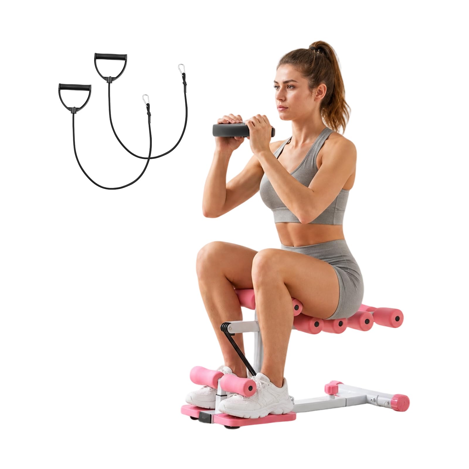 VEVOR Macchina per Squat Profondi Carico 136 kg Fitness Allenamento Casa, Allenatore per Glutei Regolabile con 3 Bande Elastiche Attrezzatura Pieghevole per Core da Palestra Domestica, Rosa e Bianco