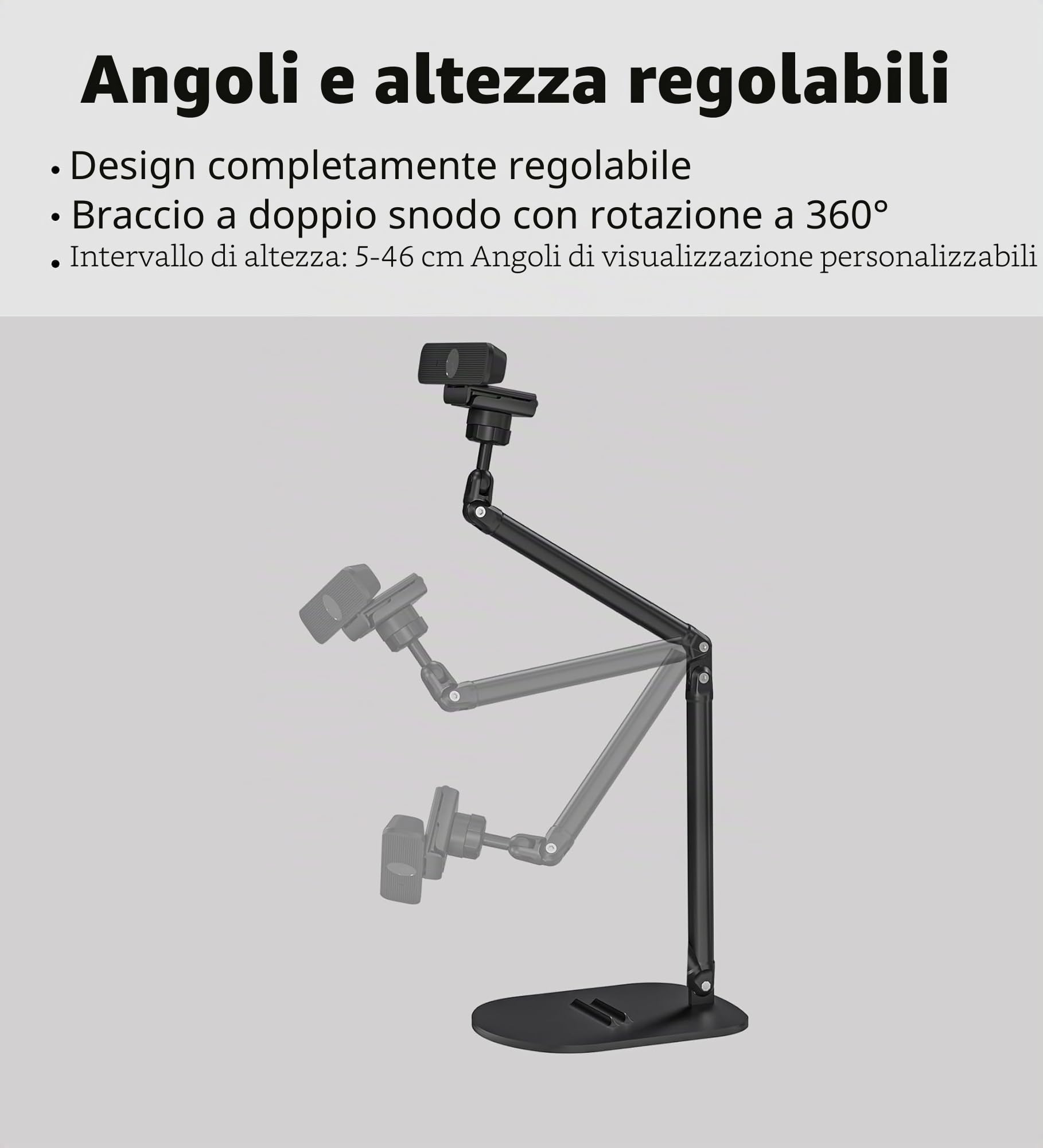 Supporto per webcam regolabile – doppio supporto per telefono e tablet, struttura robusta in alluminio con altezza e angolazione flessibili