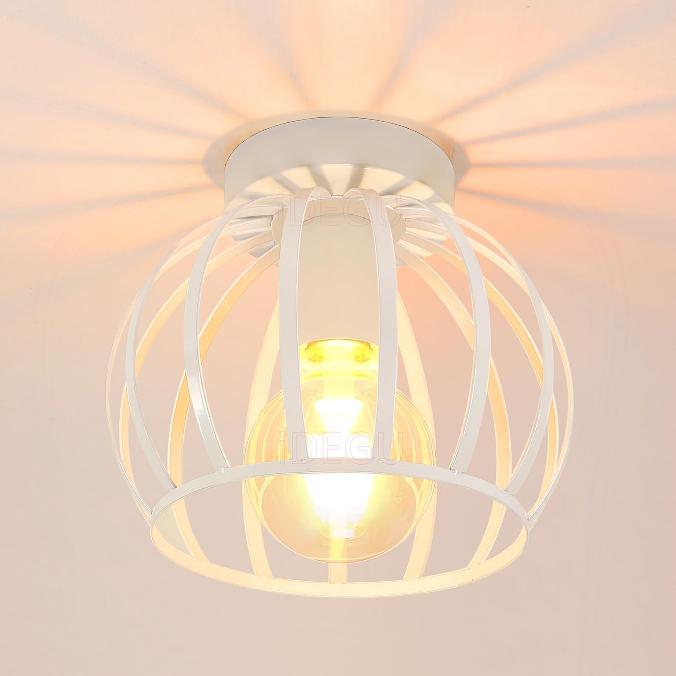 Idegu White Cage 20 Cm Vintage Industrial Ceiling Light Metal Cage Pendant Light Lampshade Geometric Design Light E27 Ceiling Light For Bedroom Café Restaurant Entrance Hallway 20 Cm White