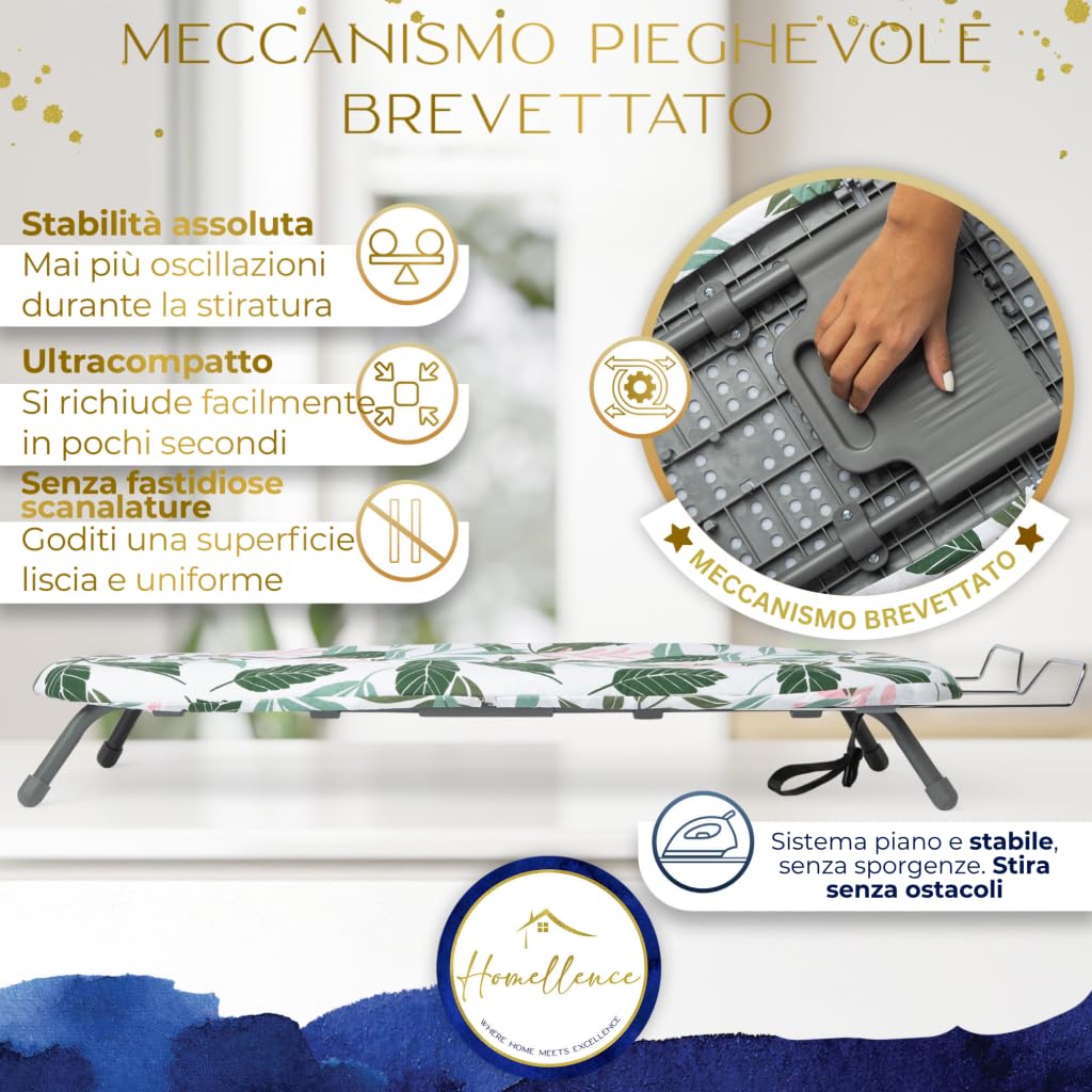 Homellence Asse Stiro Salvaspazio da Viaggio - Mini Asse Stiro da Tavolo Pieghevole Piccolo con Meccanismo Brevettato - Foldable Ironing Board - 2 Coperture Premium - Piccolo e Compatto (Verde)
