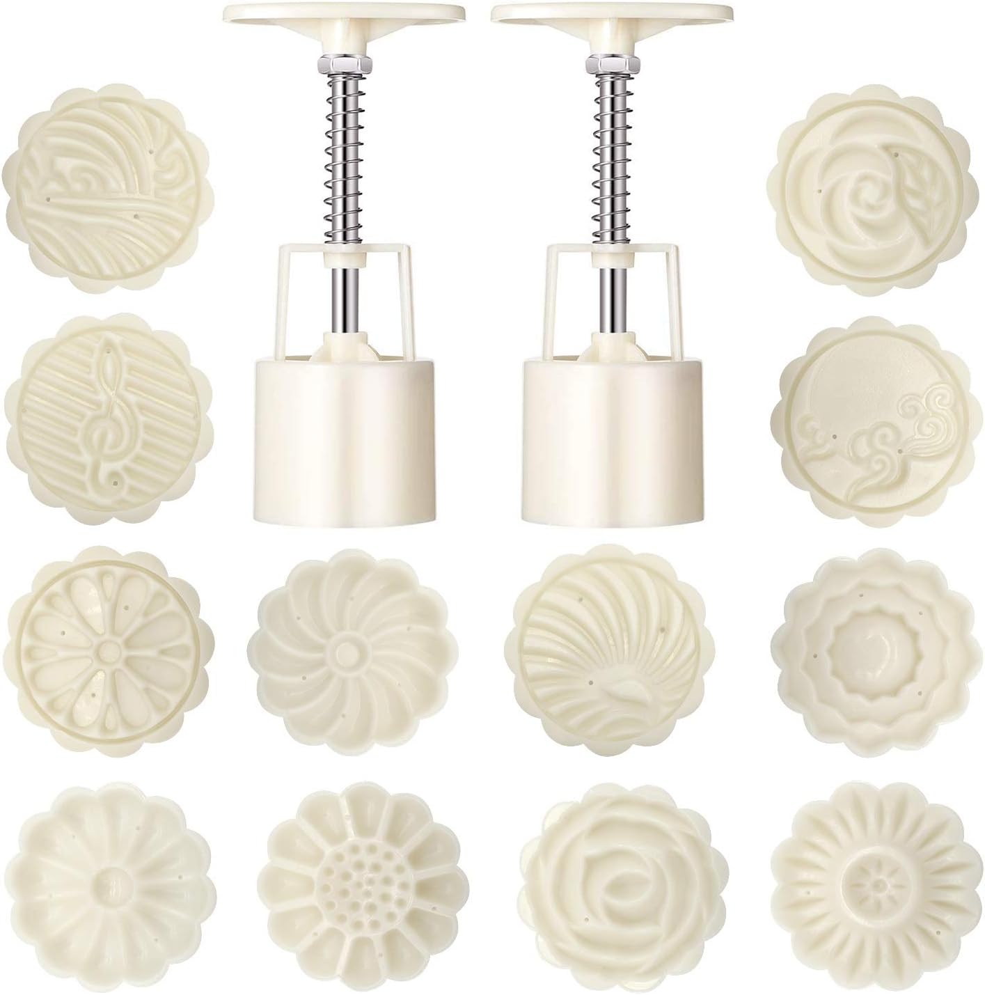 14 Pieces Bath Bomb Mold Set Includes 2 Pieces Bath Bombs Press and 12 Pieces Different Pattern Stamps for Making Bath Bombs, DIY Moon Cake Mold Kit