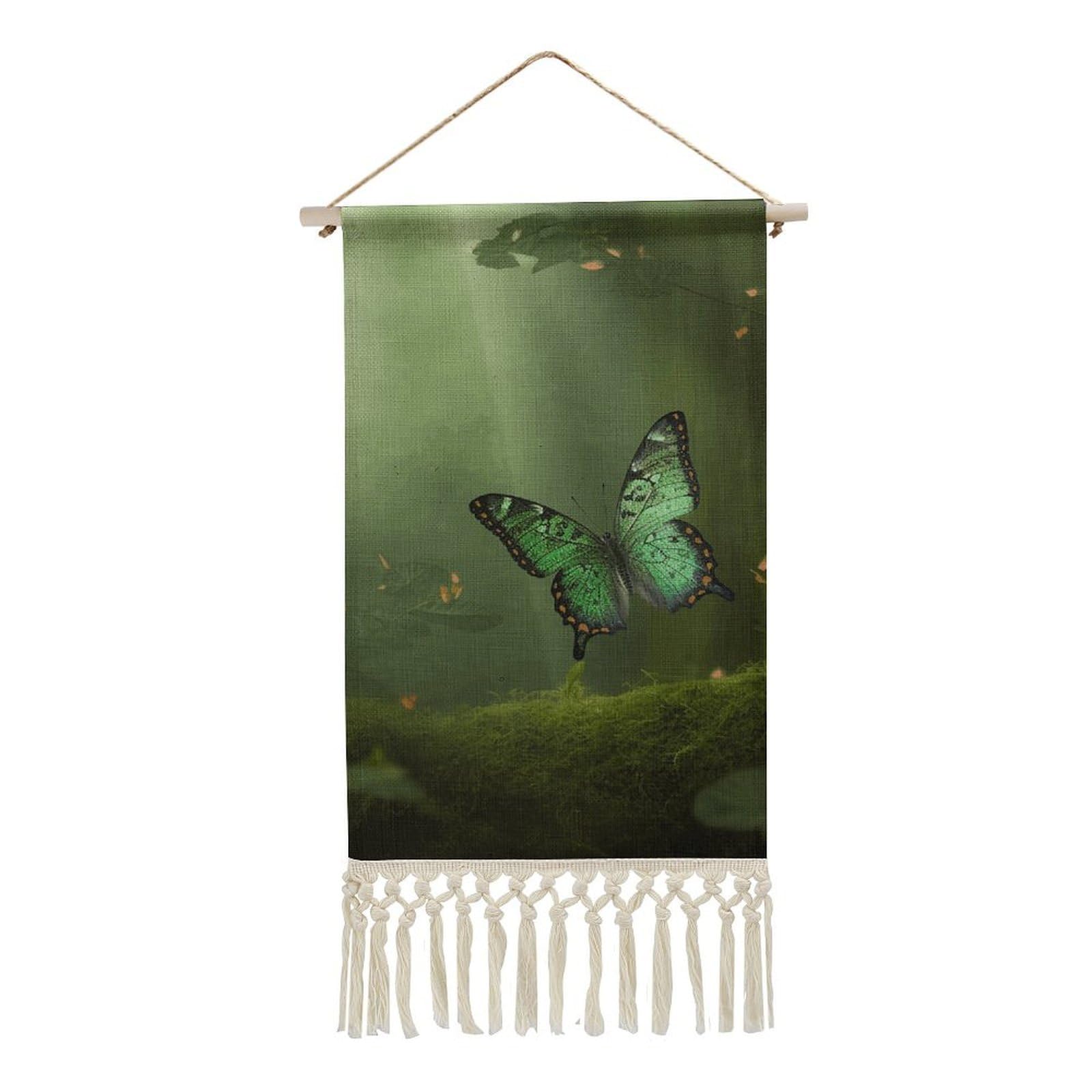 BTCOWZRV Cotton And Linen Hanging Poster with Tassels, Green Butterfly Wall Hanging Tapestry Vintage Wall Art Painting Modern Artwork Decoration for Home Decor Ready to Hang 10x19.6 in