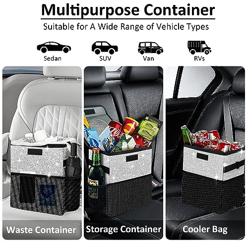 Image of Cute Mini Car Trash Bag with Lid, Glitter Garbage Can Bin Hanging for Back /Front Seat /Console, Waterproof, Leakproof, 2.5 Gallon, Silver Bling Sparkly
