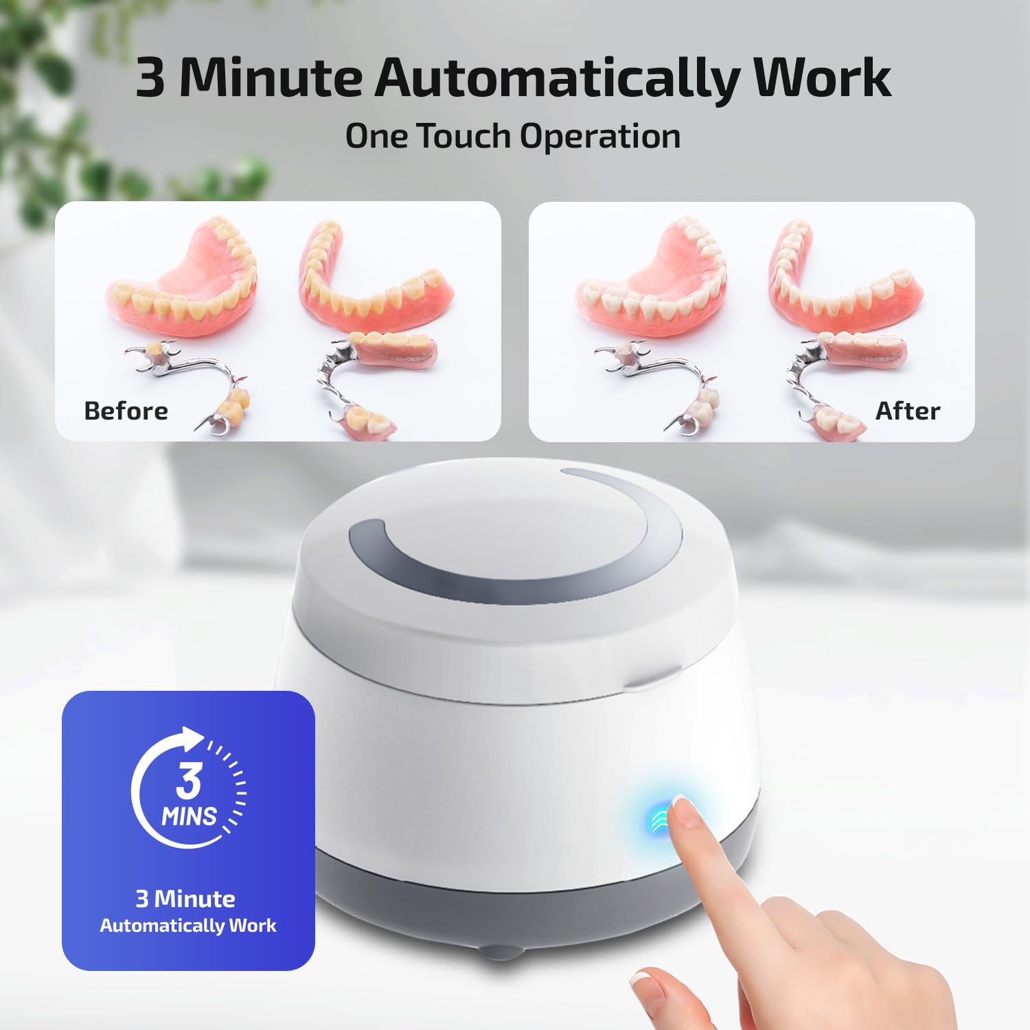 Appareil de nettoyage dentaire à ultrasons : dosette de nettoyage dentaire 43 kHz – Nettoyage en profondeur pour prothèses dentaires, protège-dents, aligneurs, protège-nuit, appareils dentaires, têtes