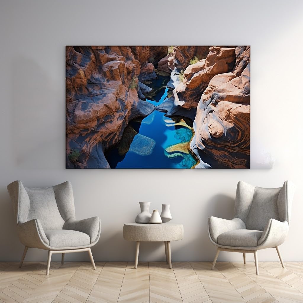 Canvas for Living room. Sapphire Ribbons Through Red Stone Giants: Nature's Masterpiece Unveiled, 27 x 18 inch Canvas Wall Art - Modern Home Decor