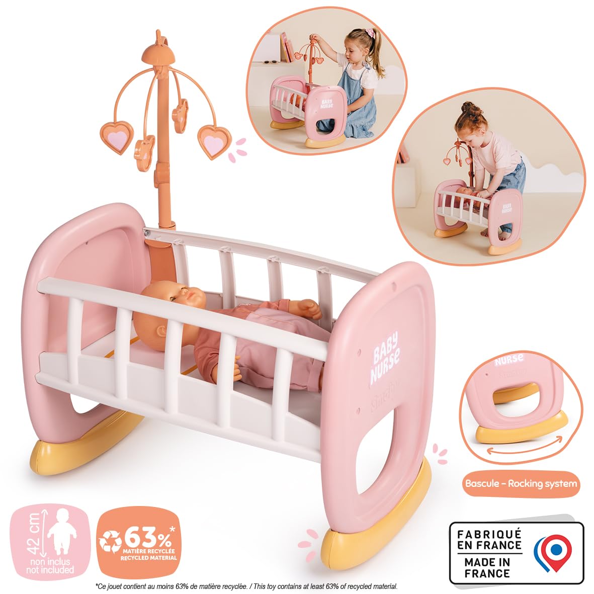 Smoby - Baby Nurse - Cuna con Barras - para Muñecas de hasta 42 Cms - Cama Mecedora - Material Reciclado - A Partir de 18 Meses