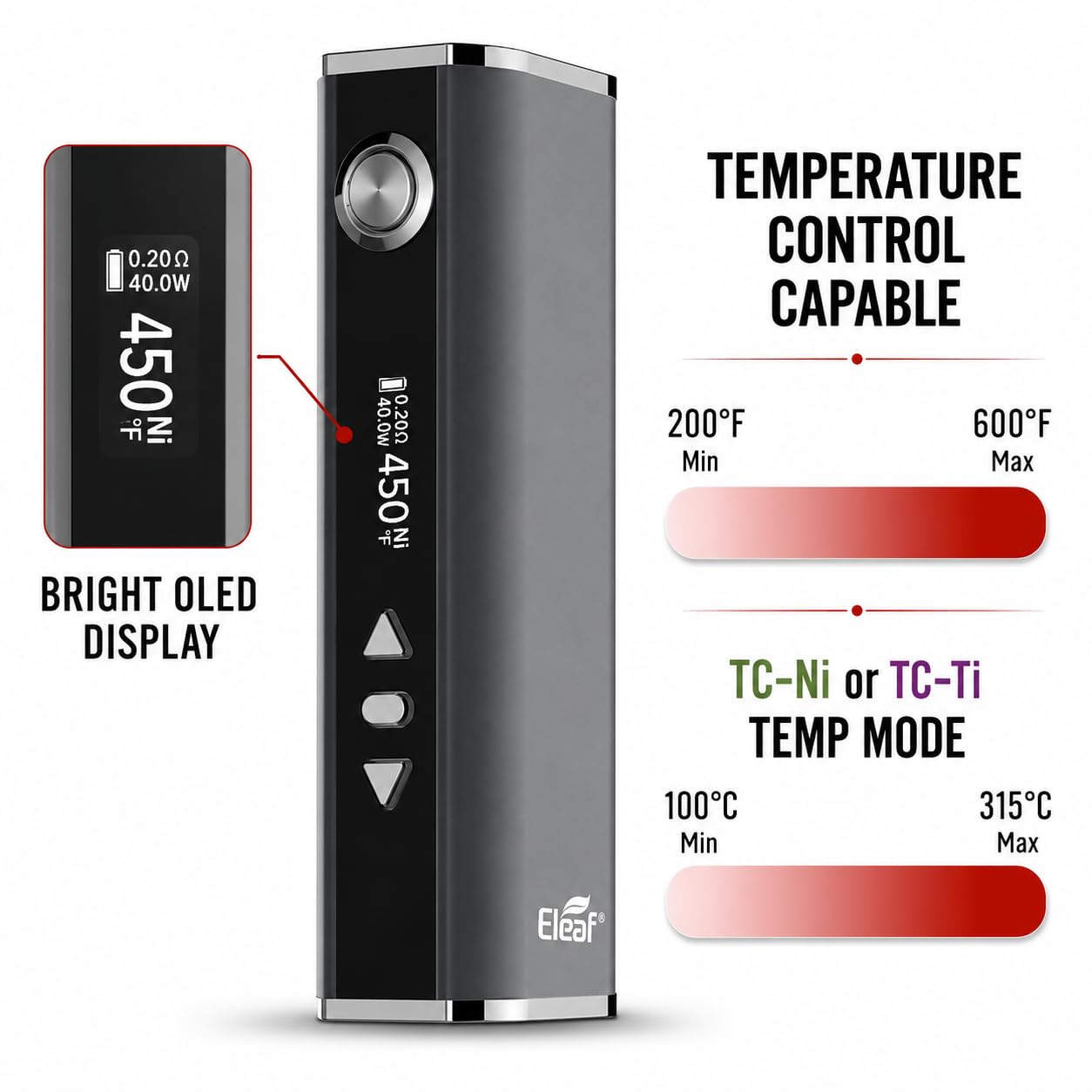 Eleaf 40W iStick TC40 Black Temperature Control Battery:  Precision-engineered for Reliable Vaping with Advanced Temperature Control  Technology No Nicotine: Amazon.co.uk: Electronics & Photo