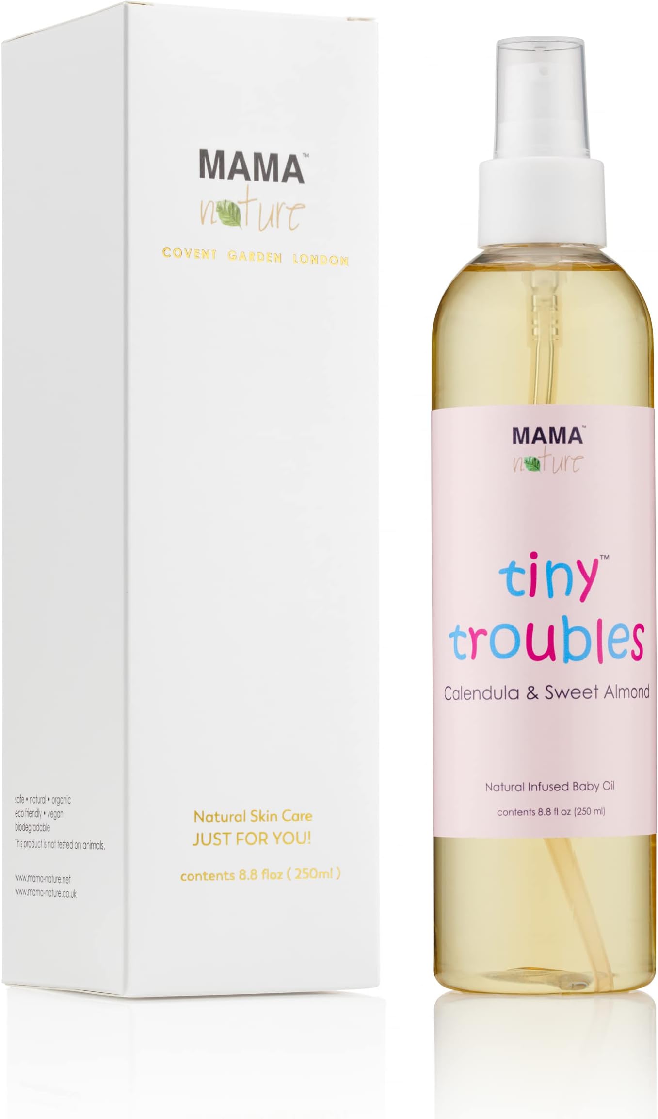 Baby Massage and Bath Oil - Mama Nature Tiny Troubles with Calendula & Sweet Almond. All-Natural Skin Care Treatment. Helps Relieve Cradle Cap, Eczema and Dry Skin. Handmade in the UK. 8/8 fl oz/250 ml
