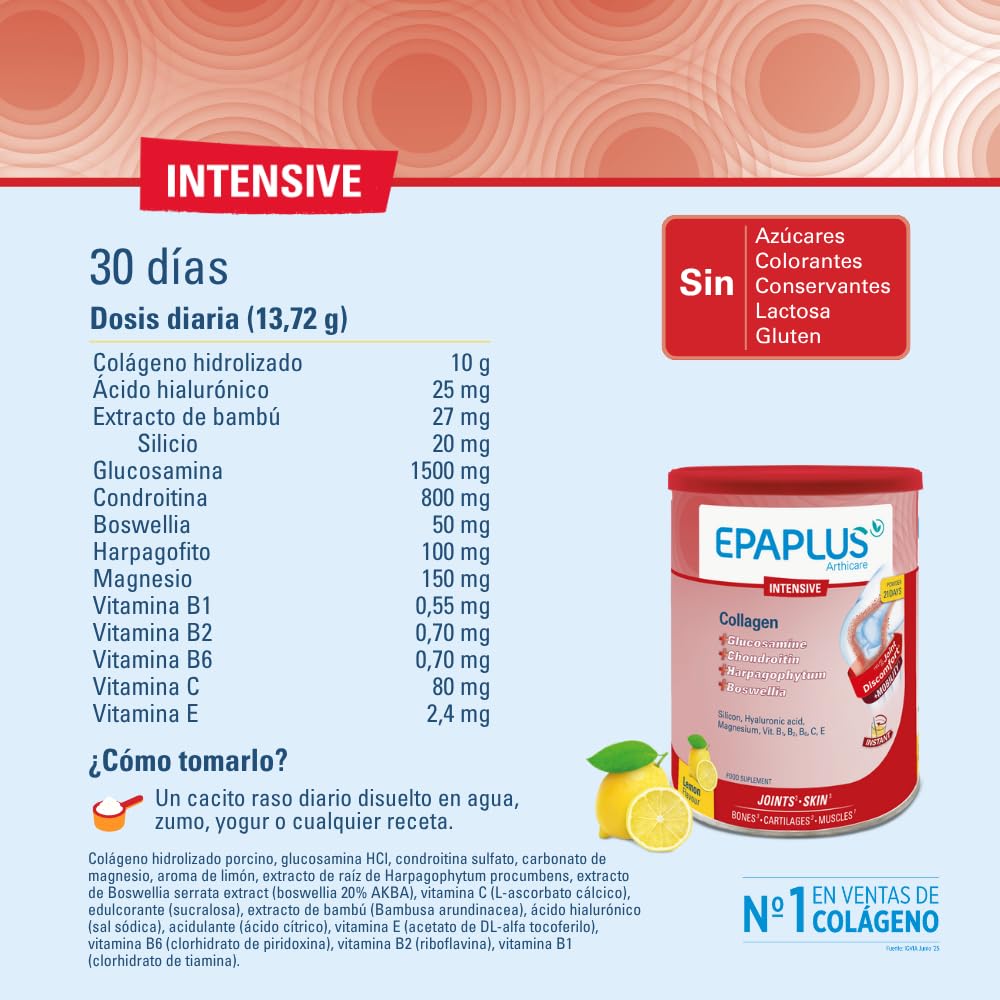 EPAPLUS Arthicare | Colágeno Antiox Intensive | Fórmula Intensiva con Colágeno, Glucosamina, Condroitina y Boswellia | Cuidado de Articulaciones, Huesos y Músculos | 21 Días | Sabor Limón