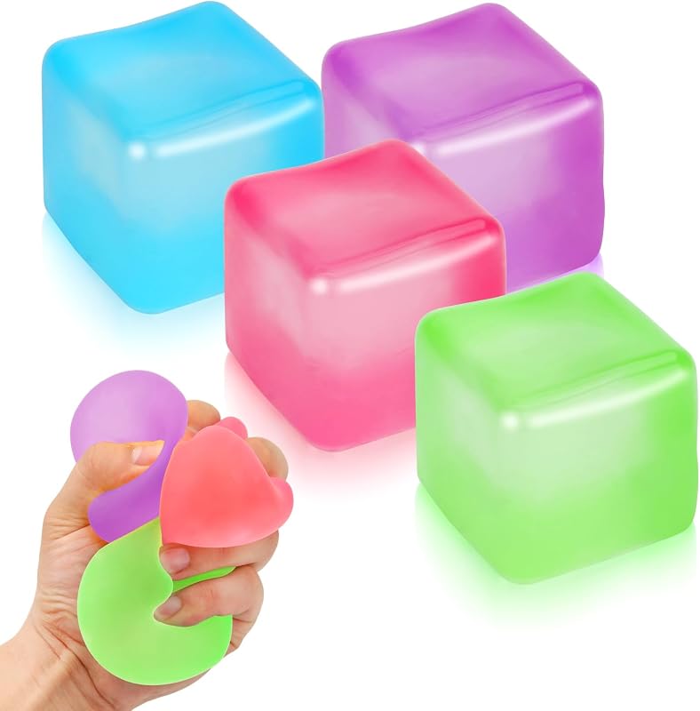 Paquete de 4 juguetes sensoriales para aliviar la ansiedad y el estrés, juguetes para apretar cubos de crecimiento lento, cubo blando relleno de sustancia gruesa, bolas de estrés para cubitos de hielo para adultos y niños