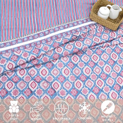 Image of TOAIArt Premium Jaipuri Dohar | AC Blanket Summer Quilt | Hand Block Printed | 3 Layers | Reversible | 150GSM 100% Mulmul Cotton | 100% Cotton Flannel Filling | King 108 inch X 90 inch |Spanish Villa