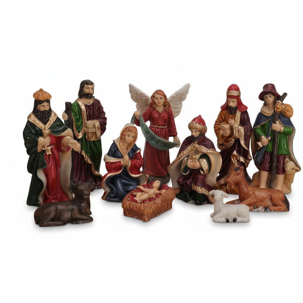 LS-LebenStil Krippenfiguren Set 11-teilig 5-10cm groß/hoch Weihnachten Krippe Maria Josef Jesus 11-teilig Deko traditionell Handbemalt Krippentiere Weihnachtsfiguren Weihnachts-Krippe