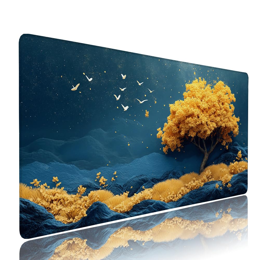Niebieska podkładka pod mysz XXL akcesoria do gier podkładka na biurko duża podkładka pod mysz i klawiaturę drzewo akcesoria PC 1400 x 600 x 3 mm mata biurkowa biurkowa, z wodoodporną i antypoślizgową