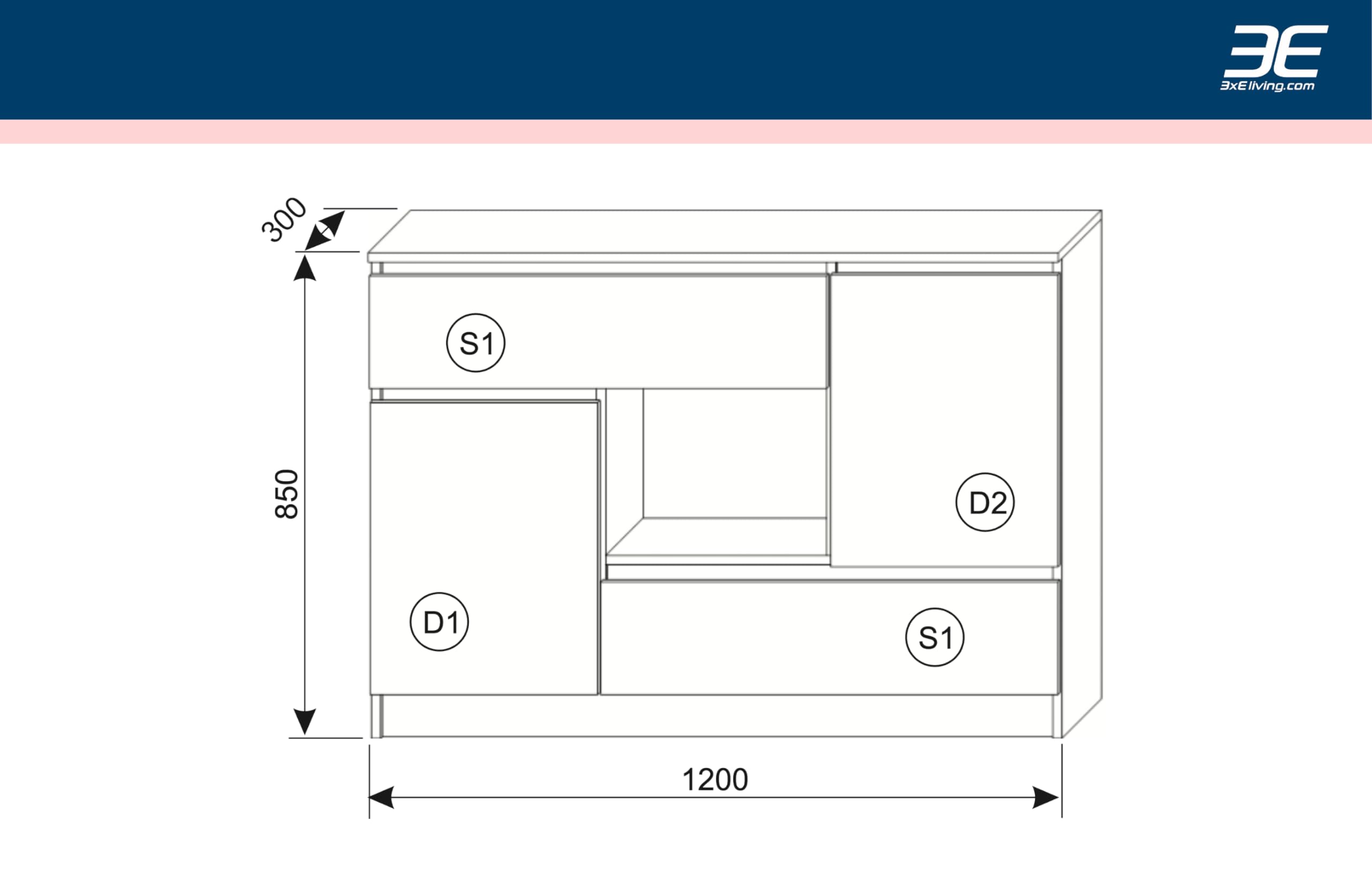 3xe Living - Commode Demi 2d3s - Mat Wit - 2 Deuren, 3 Lades - 120 X 39