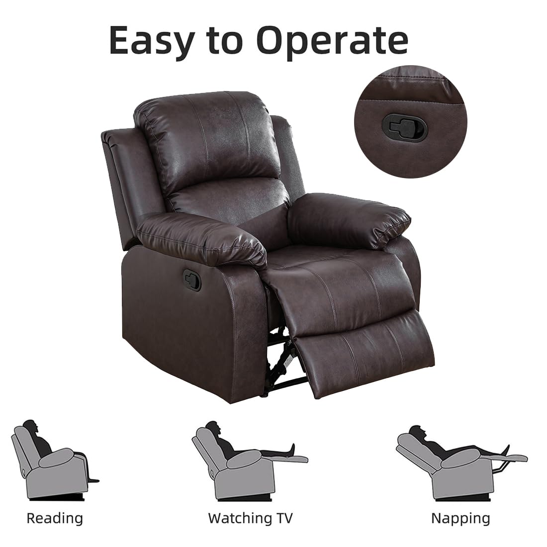 Toseslo Manual Recliner Chair Set, Living Room Furniture Sets with Adjustable Footrests, Modern Single Reclining Sofa Chair, Leather Reclining Couches, Recliner Furniture for RV/Apartment(Brown) view 3