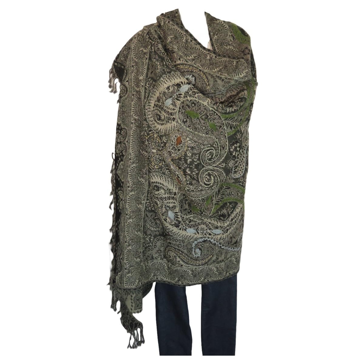 Shawl/Throw | Handstitched Accent Embroidery | Yak + Sheep Boiled Wool Blend | Handmade | Oversize - 80" x 40" | Black & Taupe