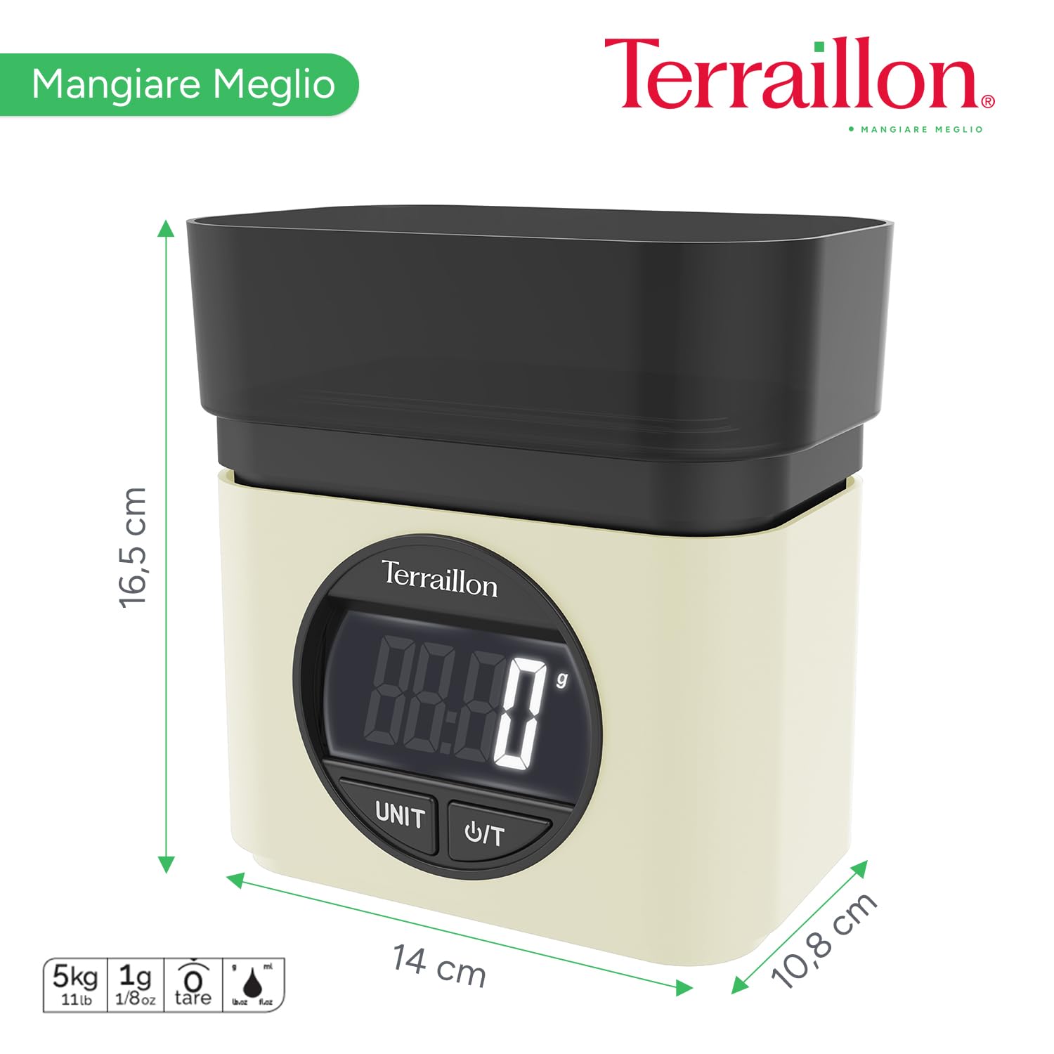 TERRAILLON - BA22 MITICA - Bilancia da cucina elettronica, design iconico e retrò, ciotola integrata 0.7L, grande schermo LCD, display XXL numeri, funzione tara, crema