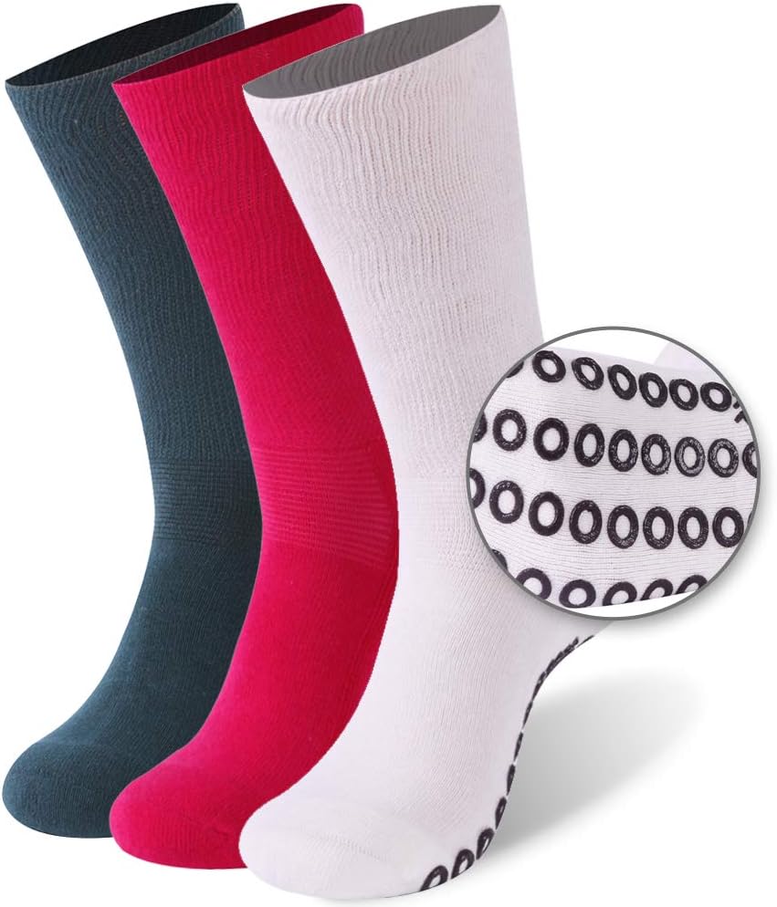 Non-Skid Diabetic Socks for Men Women, Non-Binding Moisture Wicking Cushioned Non Slip Crew Grip Socks