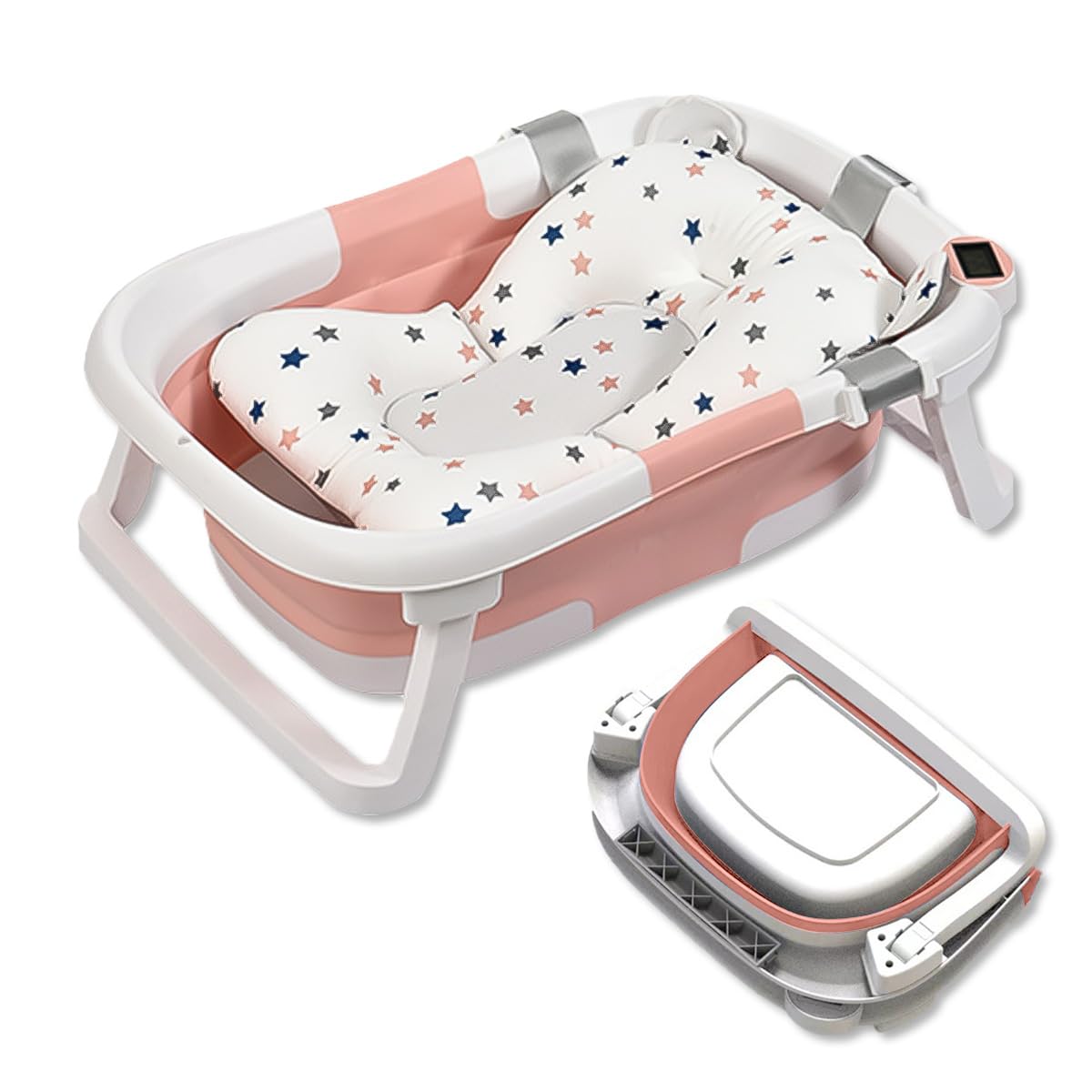 SONARIN Bañera Plegable Bebé con Termómetro & Cojín de Baño,Portátil Viaje Tina para Bebe Bañera de Ducha Reductor Bañera Bebe Antideslizante para Recién Nacidos Niños Pequeños(Rosa)