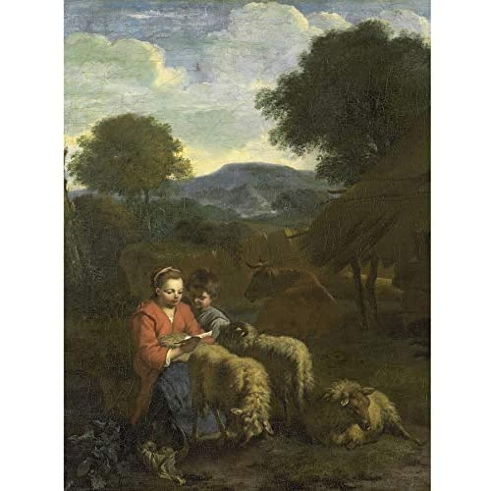 Artery8 Van Der Does Shepherdess Reading Child Sheep Art Print Canvas Premium Wall Decor Poster Mural