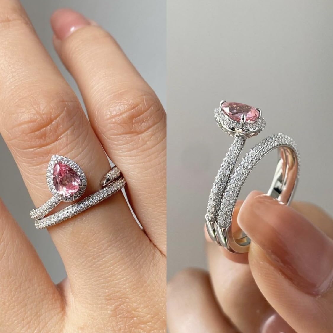 Mnyixsi 925 Sterling Silver Pink Diamond Ring for Women, Handmade Dainty Cubic Zirconia Promise Halo Engagement Ring, Austrian Crystals Stackable Statement Ring for Wedding Cocktail Size 8 - Image 5