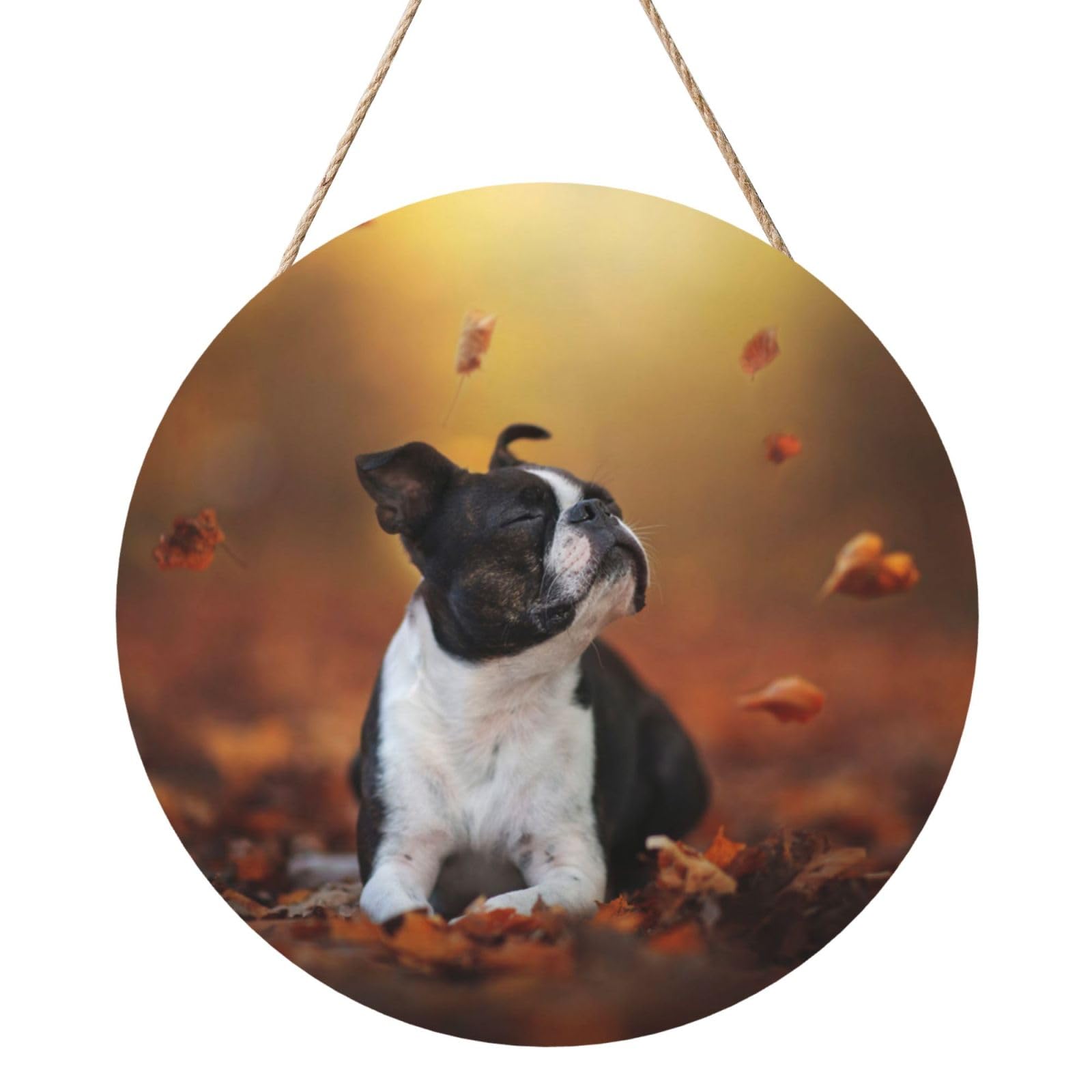 InOmak Boston Terrier Autumn Bokeh Dogs Dogs, Round Wood Panel Painting 12 in, Wall Hanging Painting For Home