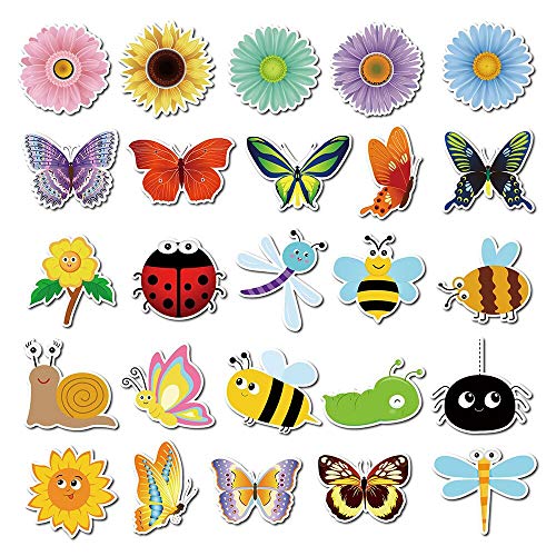 Anor Wishlife Flower Stickers(50pcs) Hungry Caterpillar Butterfly Spring Summer Bee PVC Waterproof Stickers for Kids Adults Decals Vinyls Luggage Laptop Cars Motorcycle Bicycle Skateboard