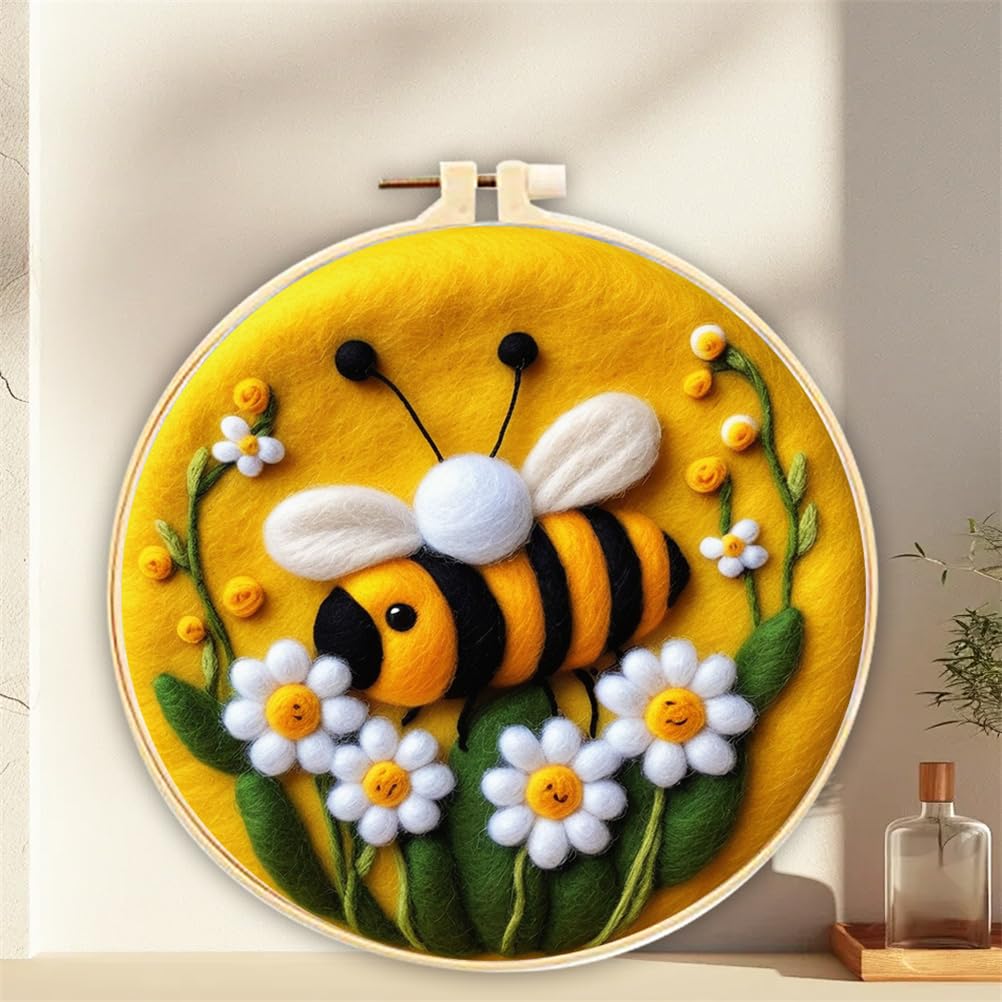 Meecaa DIY Needle Felting Kit for Beginners,Bee Animal Flower Including Wool Felt Supplies, Embroidery Hoops,Beautiful Wool Painting and Needle Felting Tools (Bee)