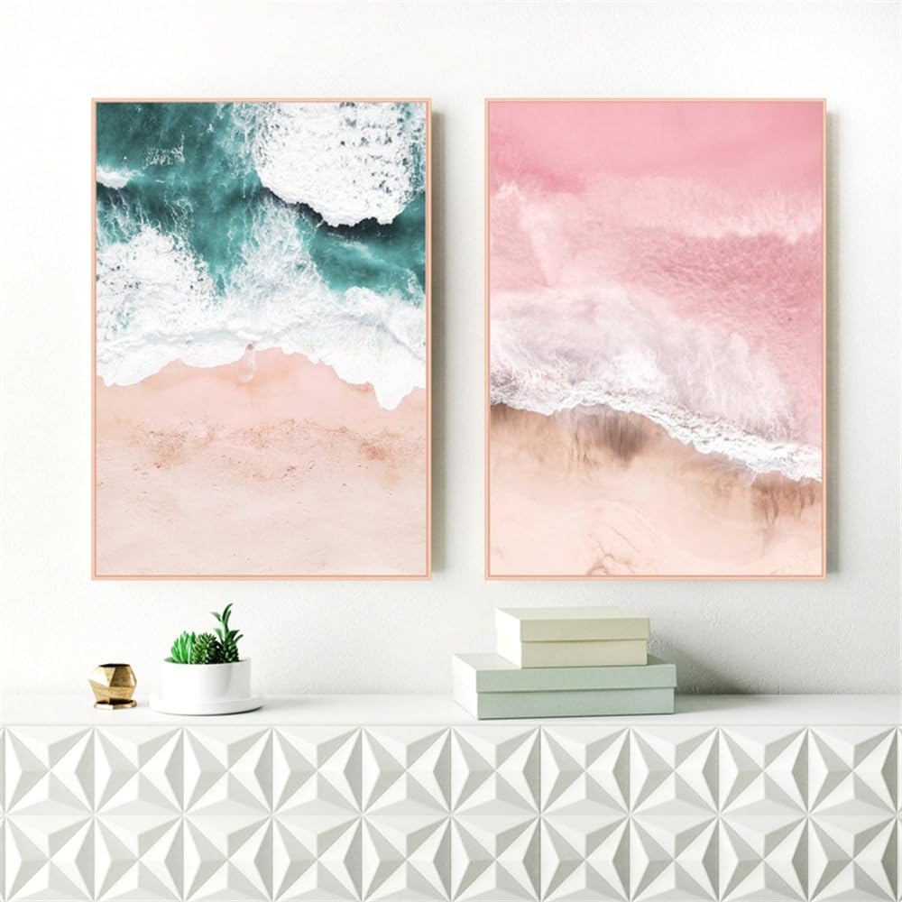 WBYZAC Set of 2-Abstract Beach Print Aerial Pink Ocean View Canvas Painting Pictures Modern Minimalist Poster Nordic Living Office Room Home Wall Decor-40 * 60cm (No Frame)