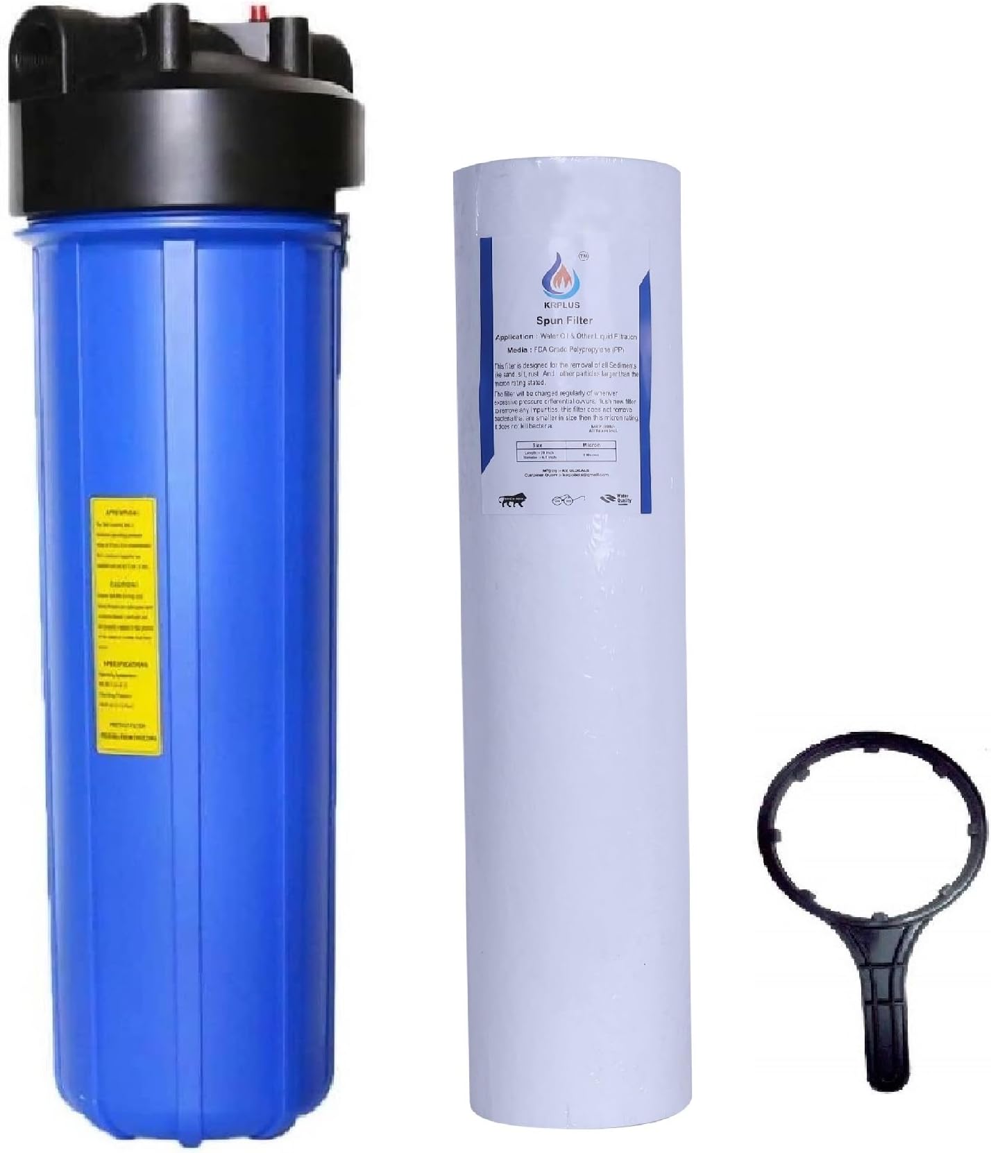 20 Inch Jumbo Big Blue Whole House Water Filter Housing Pre Filter (1" Bsp) With Jumbo Spun (4.5" Od), Spanner Key (Blue), Sand