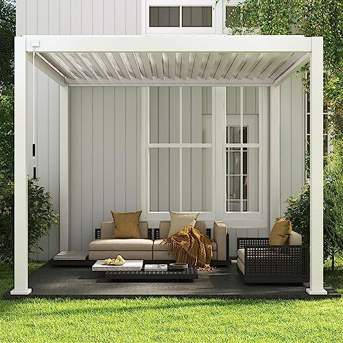 MIRADOR 111DA Louvered Pergola, 10Ft x 13Ft, Double Aluminum Louvers, Full Aluminum Frame, Adjustable Roof, Durable, White