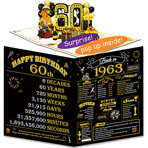 60th Birthday Pop Up Cards for Women or Men, 3D Greeting Card with Gilding Poster Cover, Funny 60th Birthday Gifts Idea for Party Supplies, Unique 60 Year Anniversary For Mom Dad, Back In 1963, Jumbo