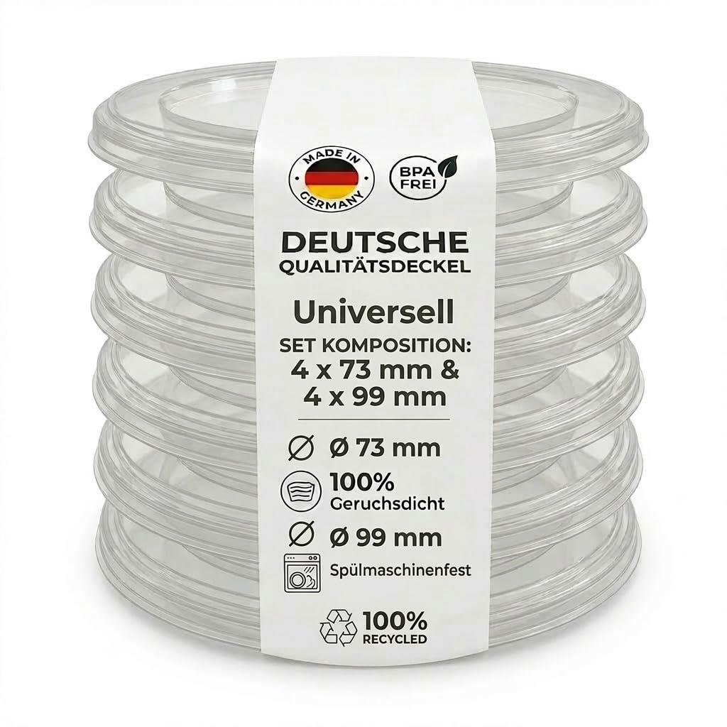 Xilmark 8x 4+4 Dosendeckel 800g + 400g (ø100mm, ø73mm) für Hunde- & Katzenfutter | Luftdichter Dosenverschluss Wiederverwendbar | Spülmaschinenfest & BPA-Frei |Frischhalte-Deckel für Konservendosen
