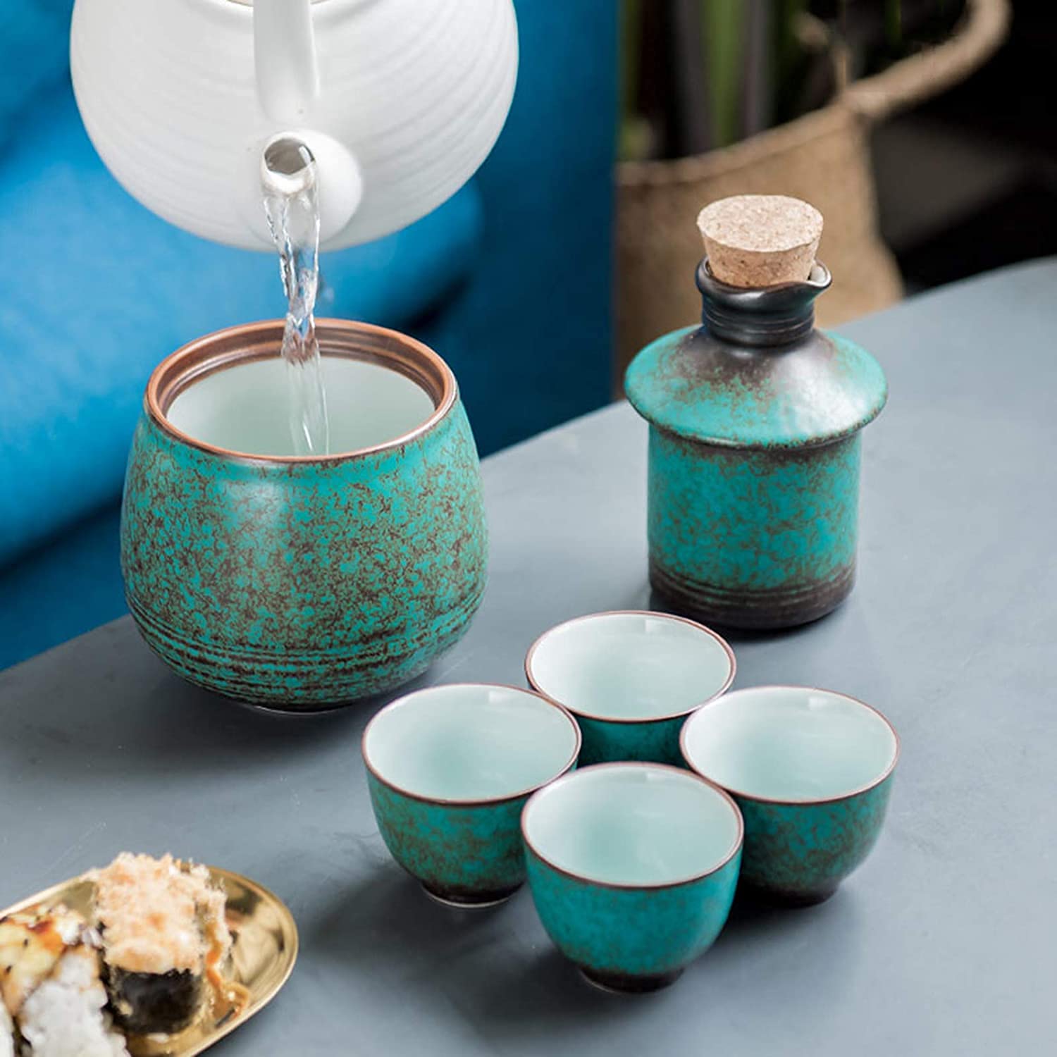 Ceramiczny zestaw do sake z podgrzewaczem, 4 szklankami, butelką do serwowania i miską podgrzewającą, 6-częściowy zestaw do codziennego picia do domu
