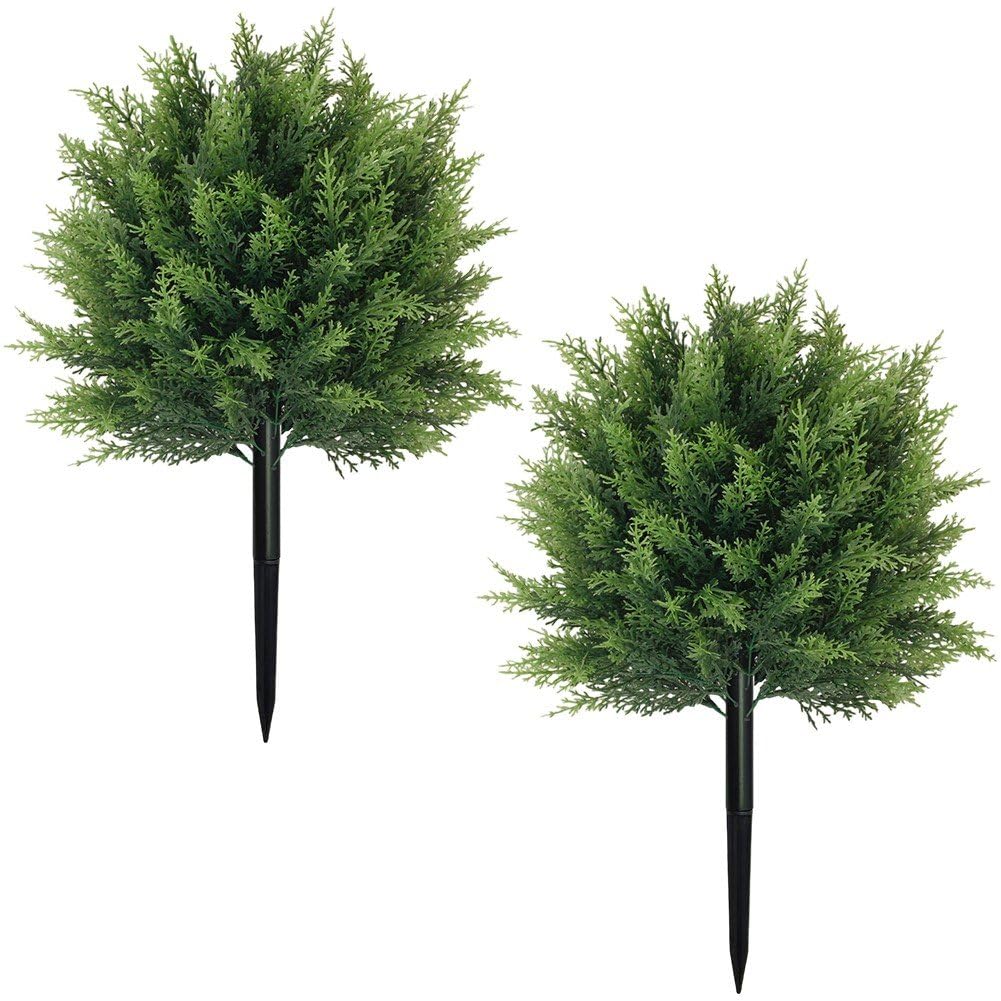 Ppmter Green 2 Pcs Artificial Cedar Topiary Ball Trees With Ground Spike, Uv Resistant Faux Cypress Plants, Ever Shrubs Bushes For Porch Garden Backyard Decor