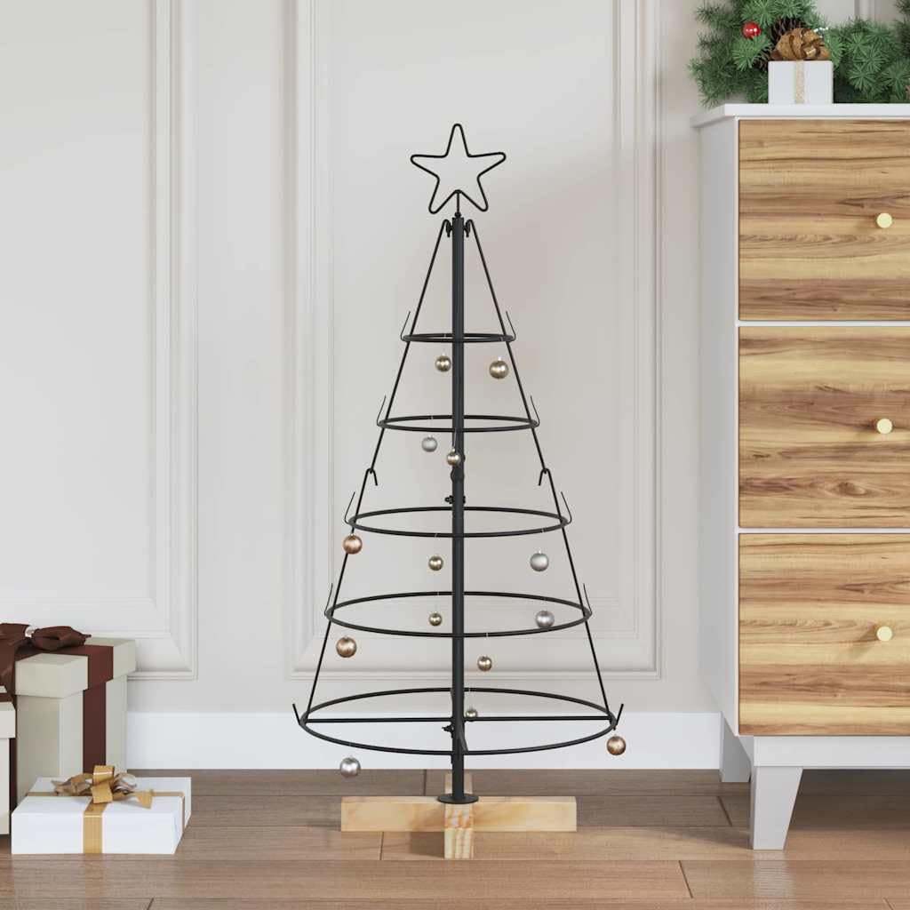 Albero di Natale a forma di cono, nero, 90 cm, in acciaio, con supporto in legno di pino, stabile, per soggiorno e esterni protetti, decorazione natalizia moderna, salvaspazio e realistico