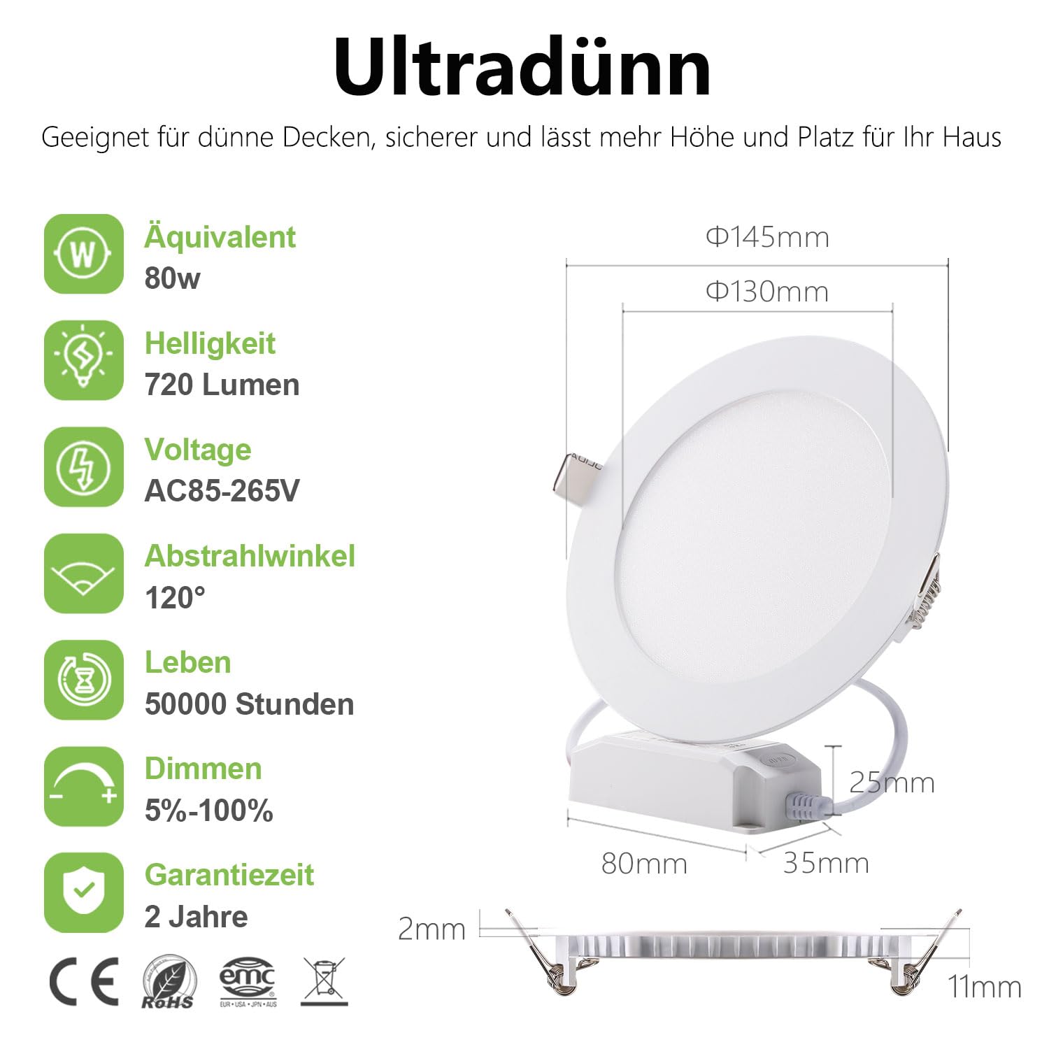 5er LED Einbaustrahler 230V, 9W 720LM Deckenspots Spotlight Dimmbar, 11mm Ultra Flach Einbauleuchten mit Trafo IP44 LED Spots Lampe für Badezimmer Küche Wohnzimmer Warmweiß 3000K Rund Panel