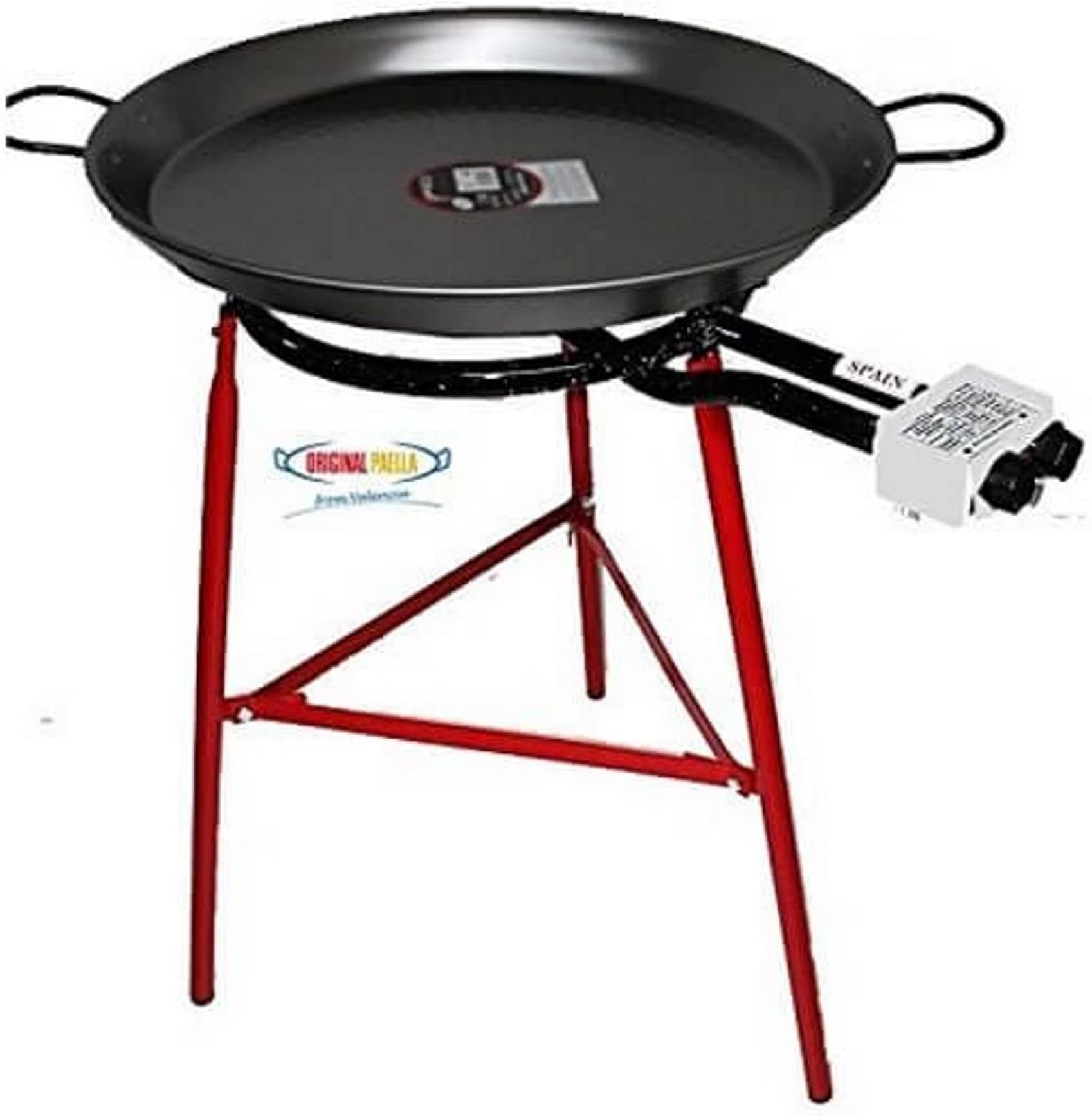 Paella Cooking Set with 46cm Polished Steel Paella Pan, Gas Burner, Legs and Skimming Spoon